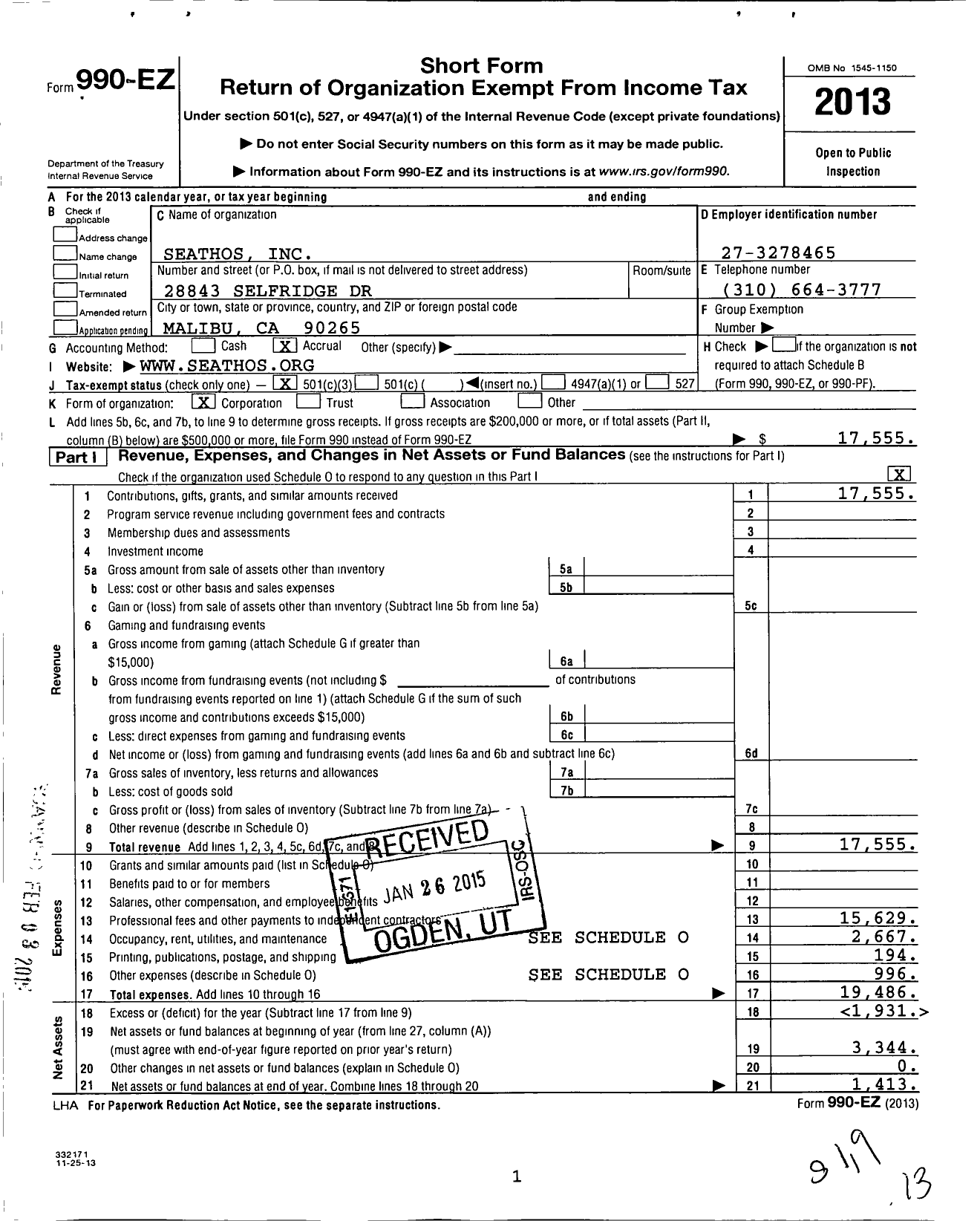 Image of first page of 2013 Form 990EZ for Seathos