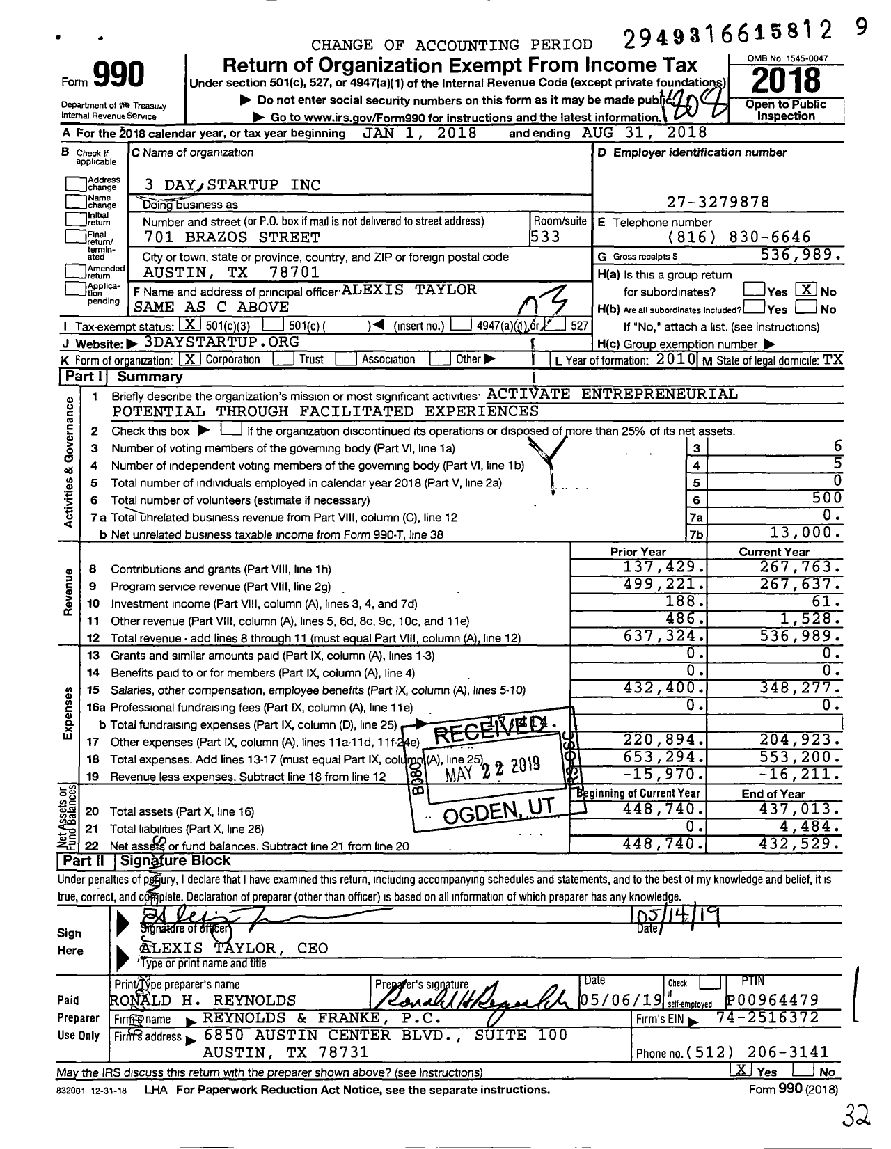 Image of first page of 2017 Form 990 for 3 Day Startup