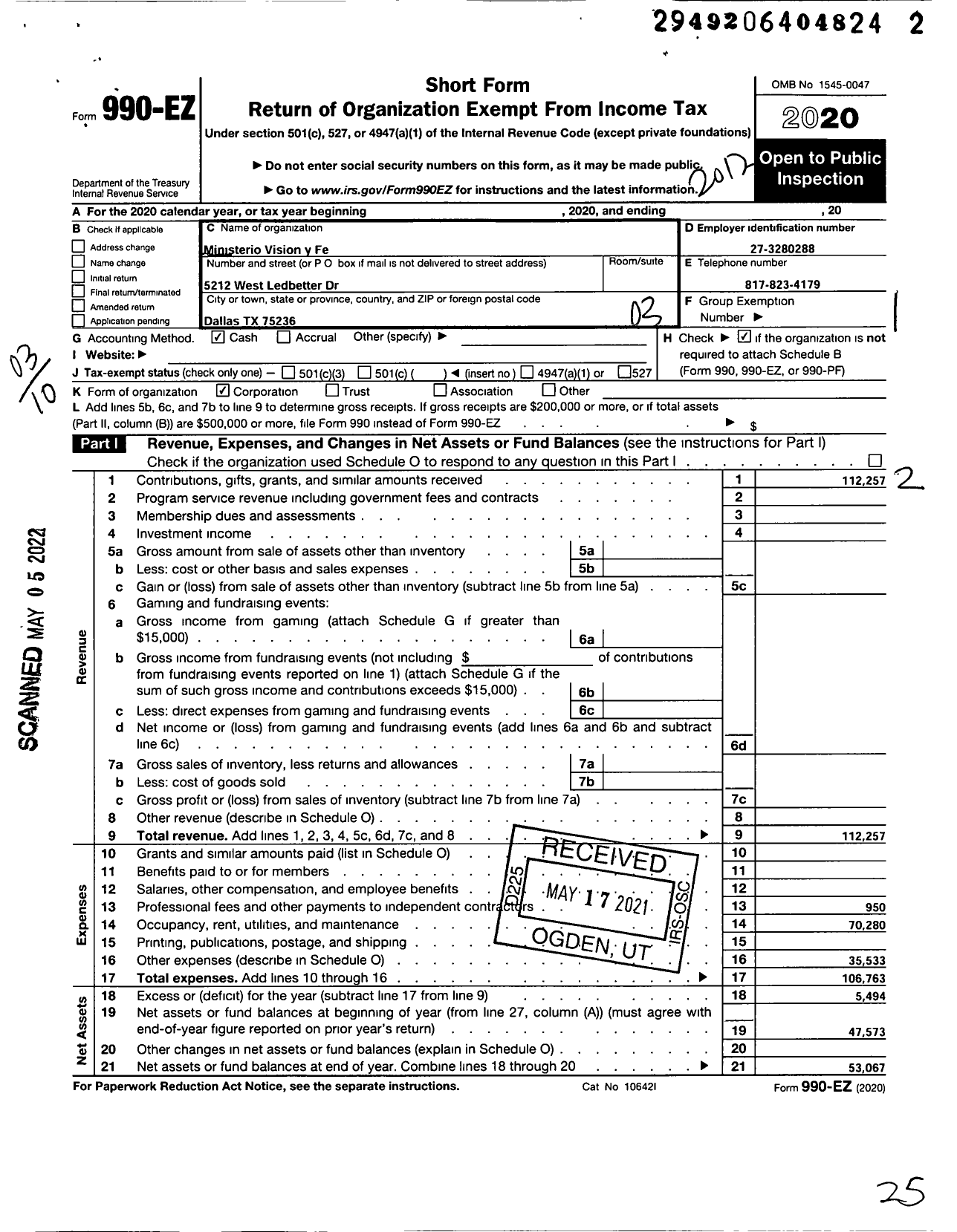 Image of first page of 2020 Form 990EZ for Ministerio Vision y Fe