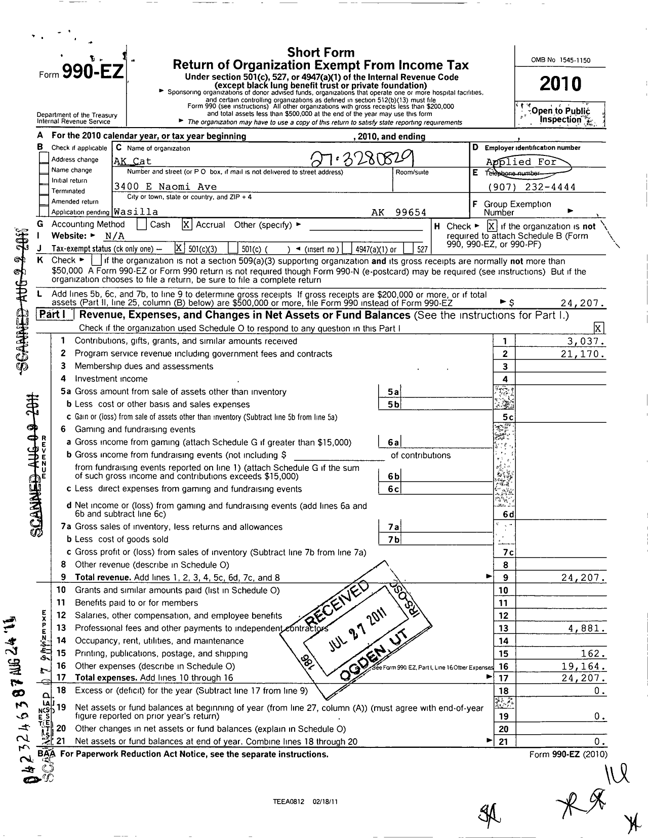 Image of first page of 2010 Form 990EZ for AK Cat