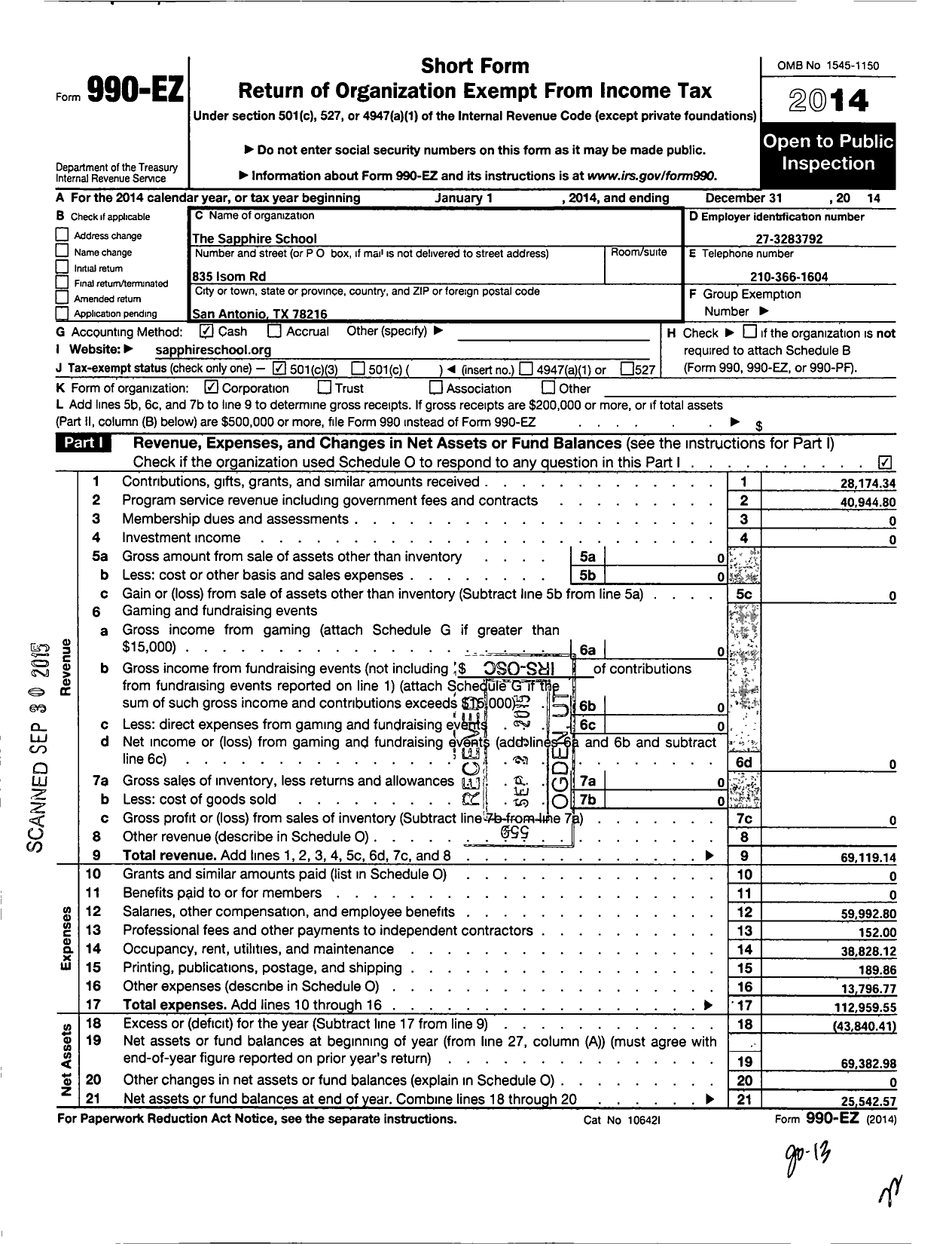 Image of first page of 2014 Form 990EZ for Sapphire School