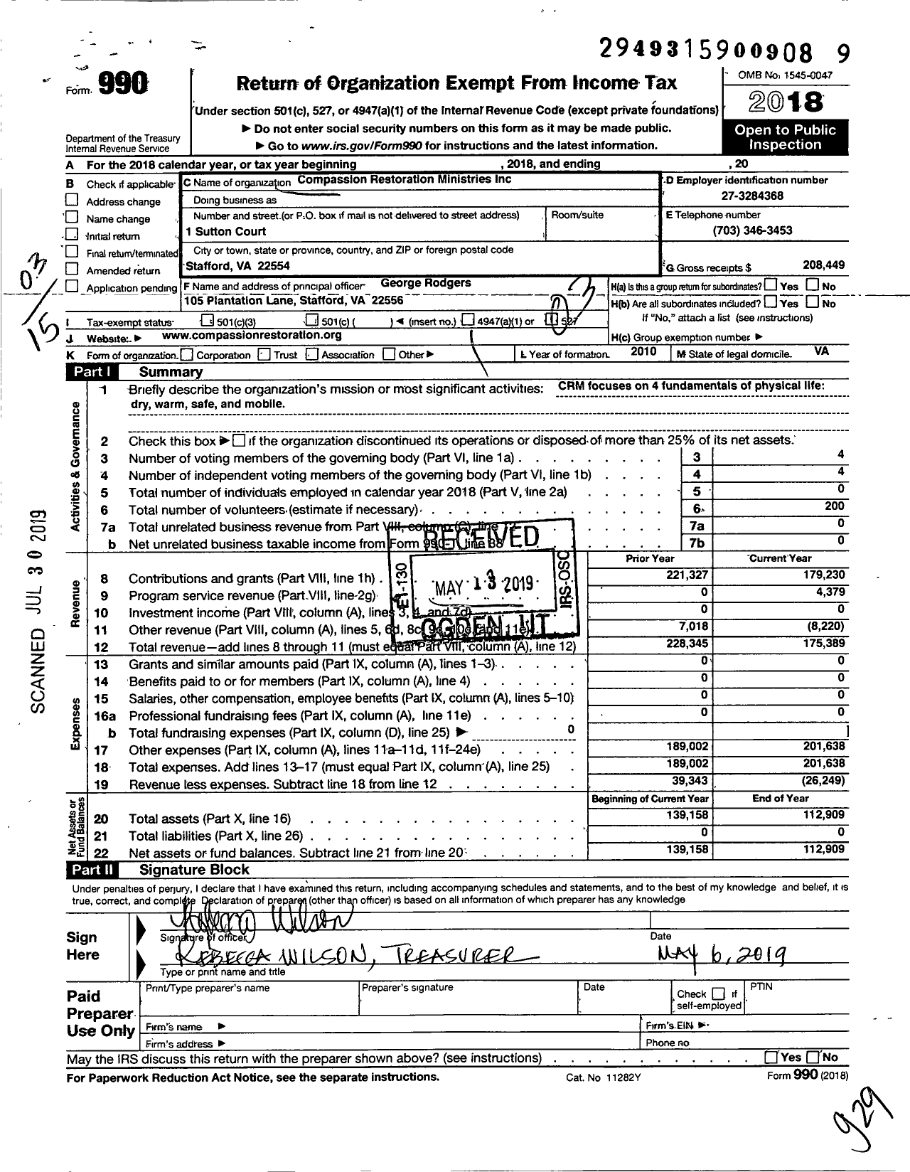 Image of first page of 2018 Form 990 for Compassion Restoration Ministries