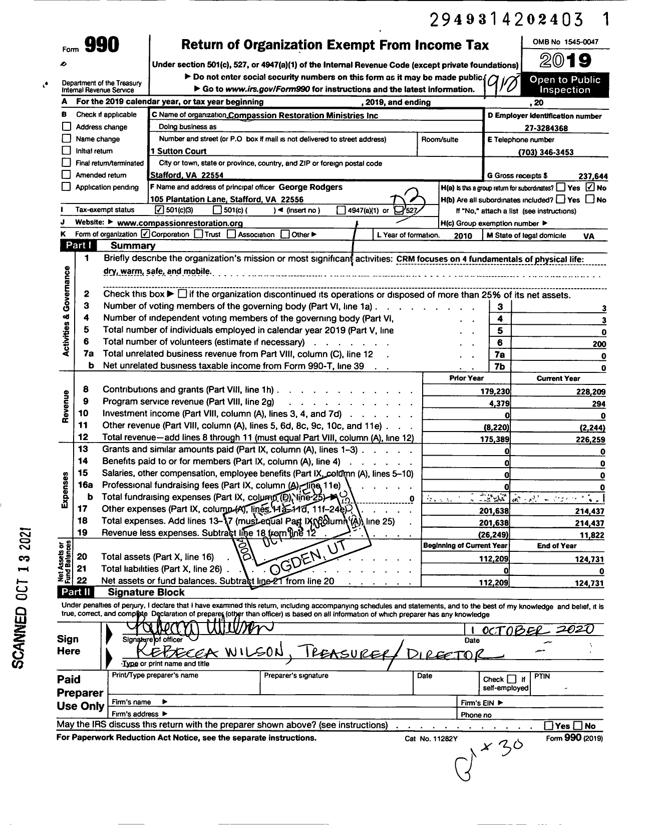 Image of first page of 2019 Form 990 for Compassion Restoration Ministries