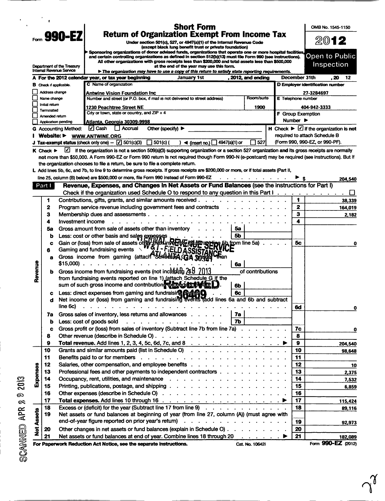 Image of first page of 2012 Form 990EZ for American Disability Foundation