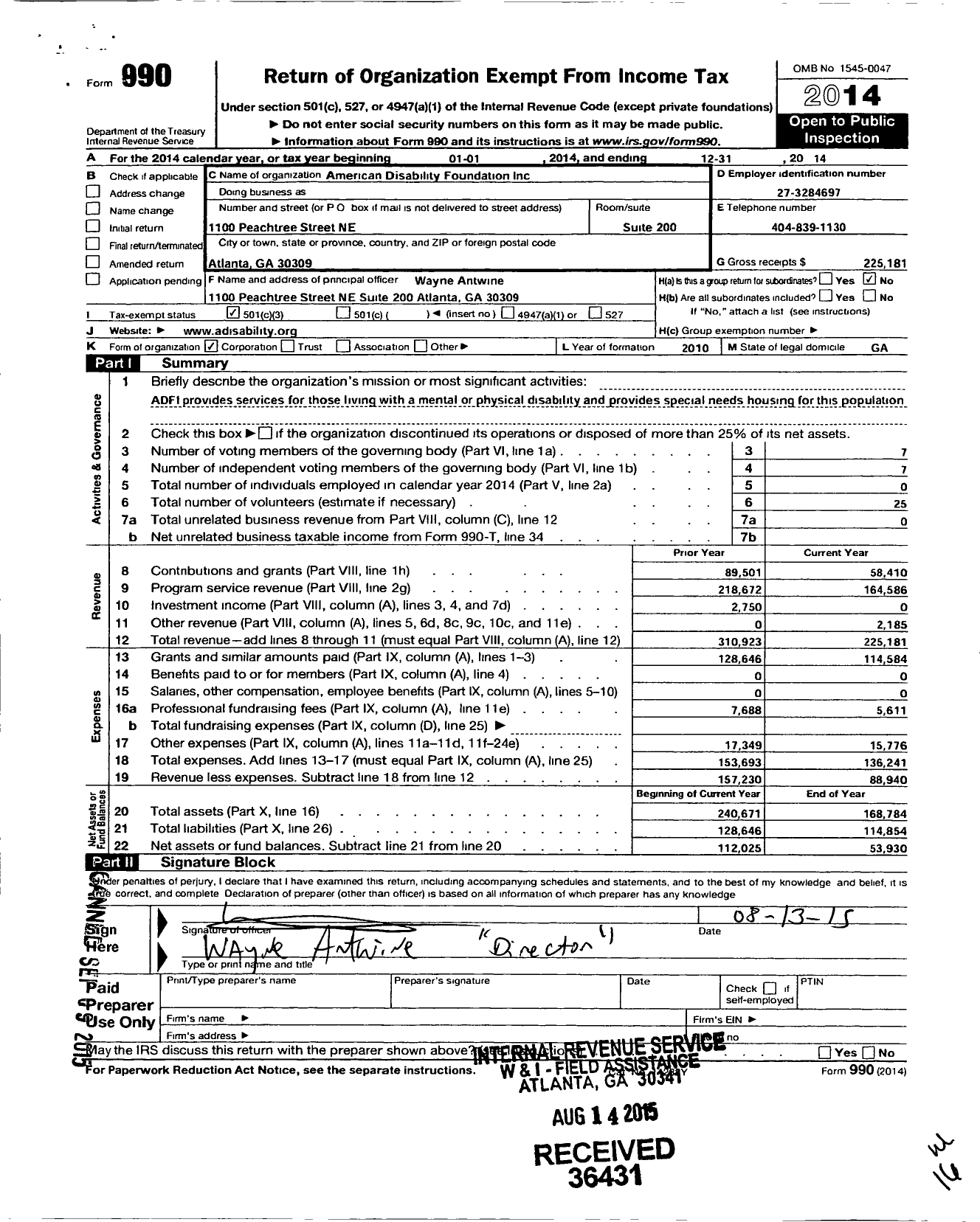 Image of first page of 2014 Form 990 for American Disability Foundation