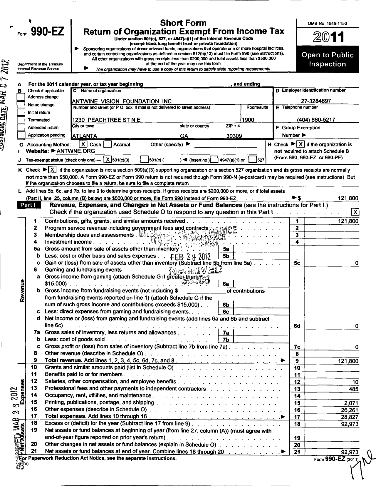 Image of first page of 2011 Form 990EZ for American Disability Foundation