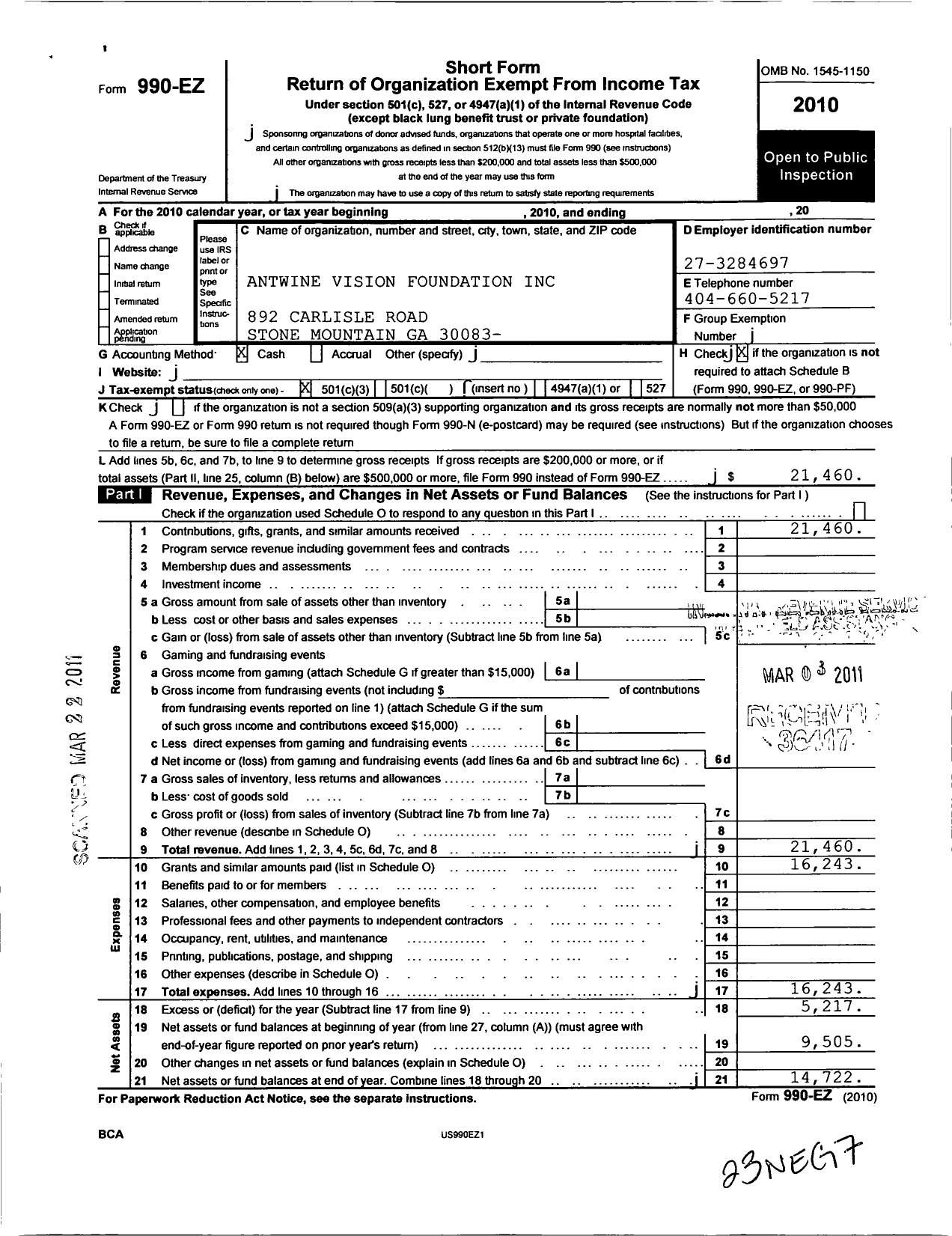 Image of first page of 2010 Form 990EZ for American Disability Foundation