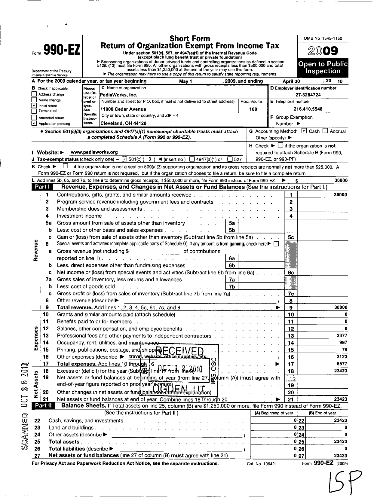 Image of first page of 2009 Form 990EZ for Pediaworks