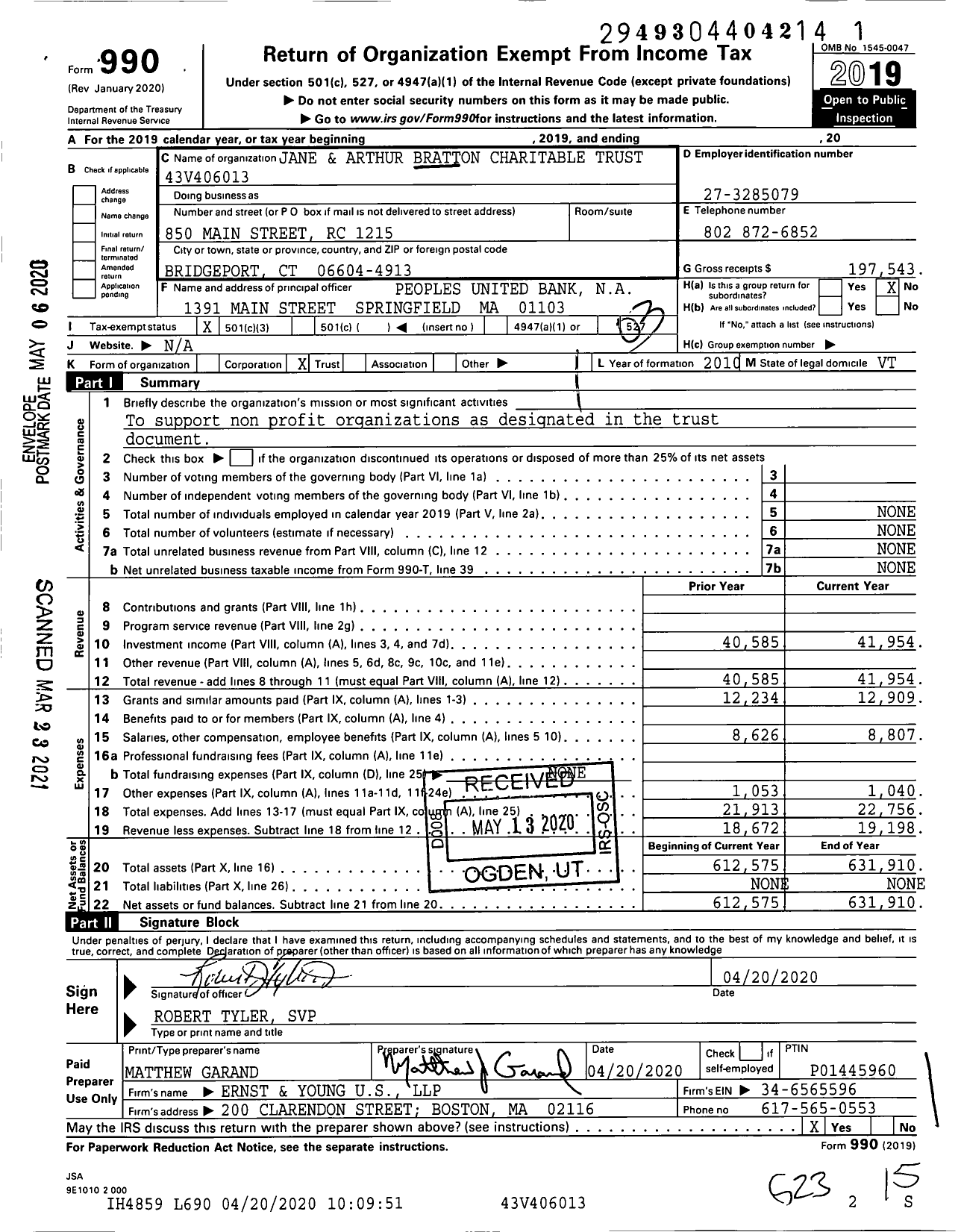 Image of first page of 2019 Form 990 for Jane and Arthur Bratton Charitable Trust