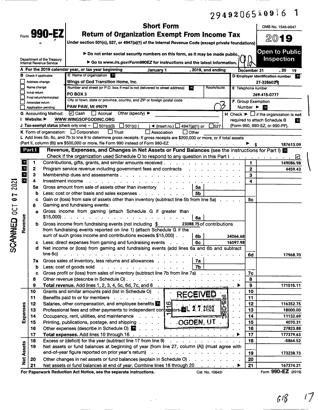 Image of first page of 2019 Form 990EZ for Wings of God Transition Home Inc. (WOG)