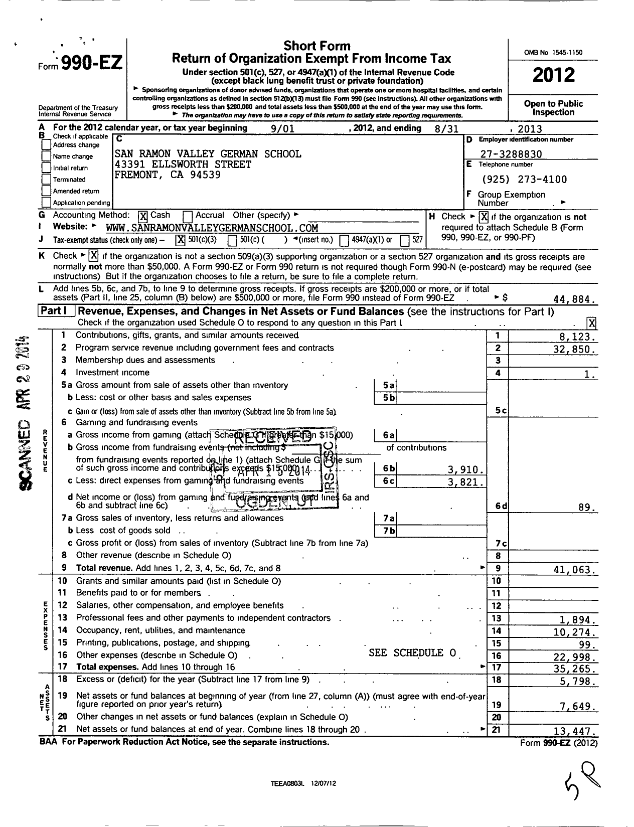 Image of first page of 2012 Form 990EZ for San Ramon Valley German School