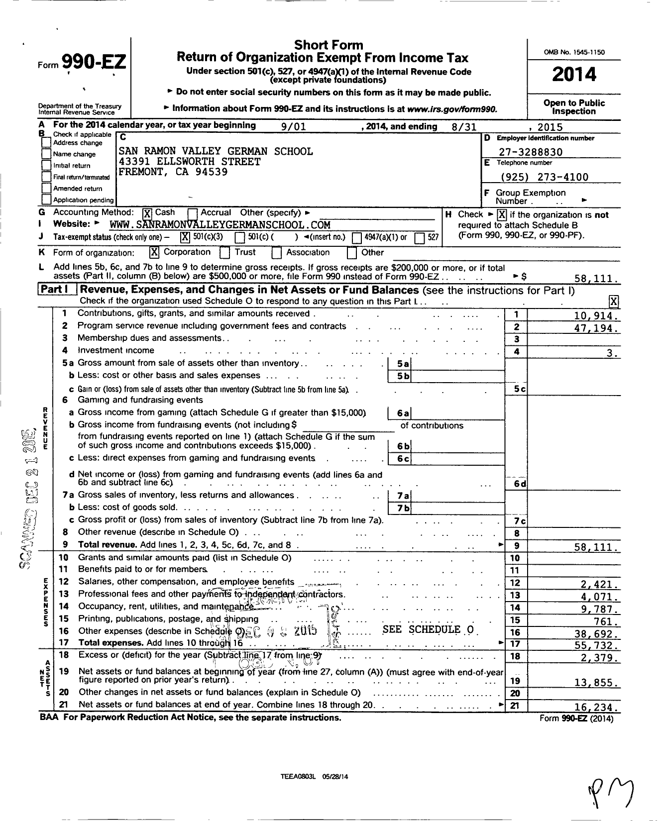 Image of first page of 2014 Form 990EZ for San Ramon Valley German School