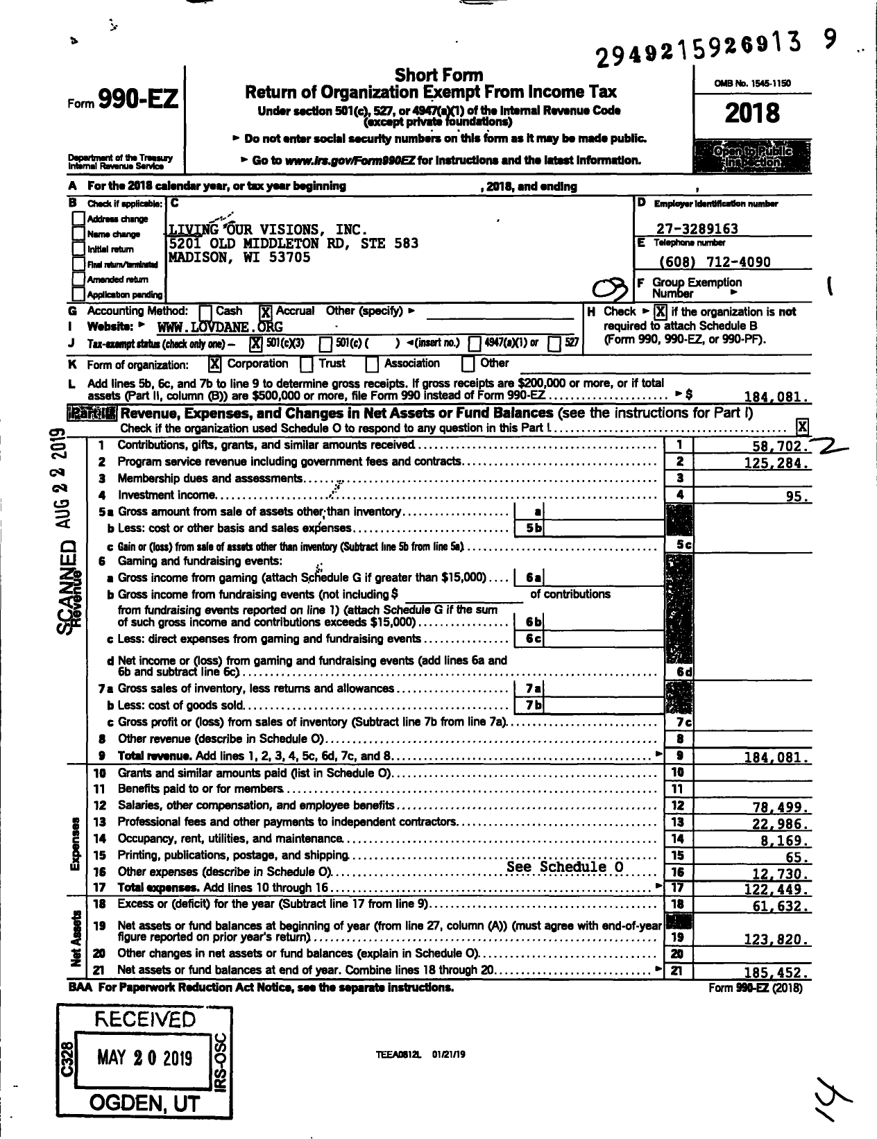 Image of first page of 2018 Form 990EZ for Living Our Visions (LOV)