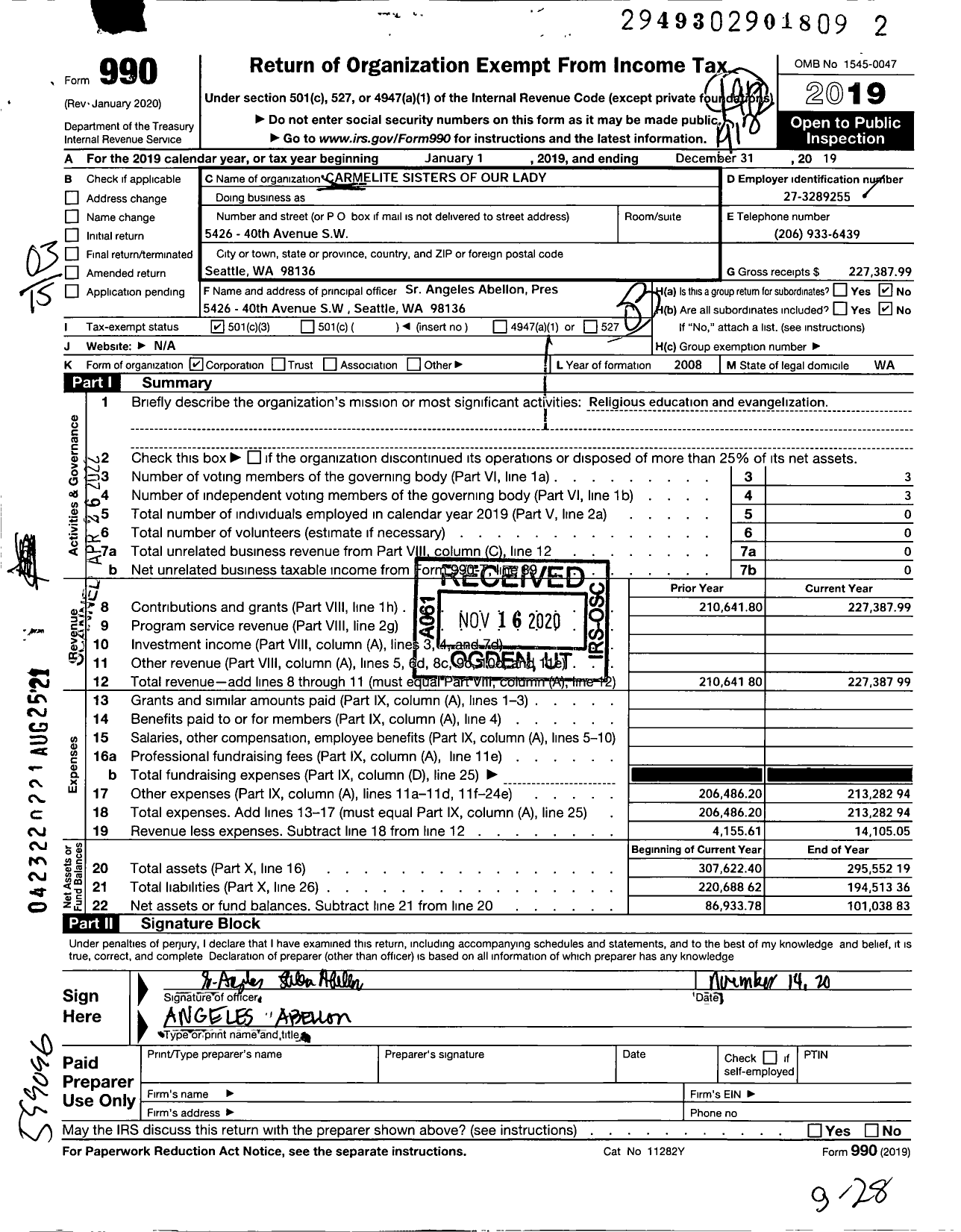 Image of first page of 2019 Form 990 for Carmelite Sisters of Our Lady