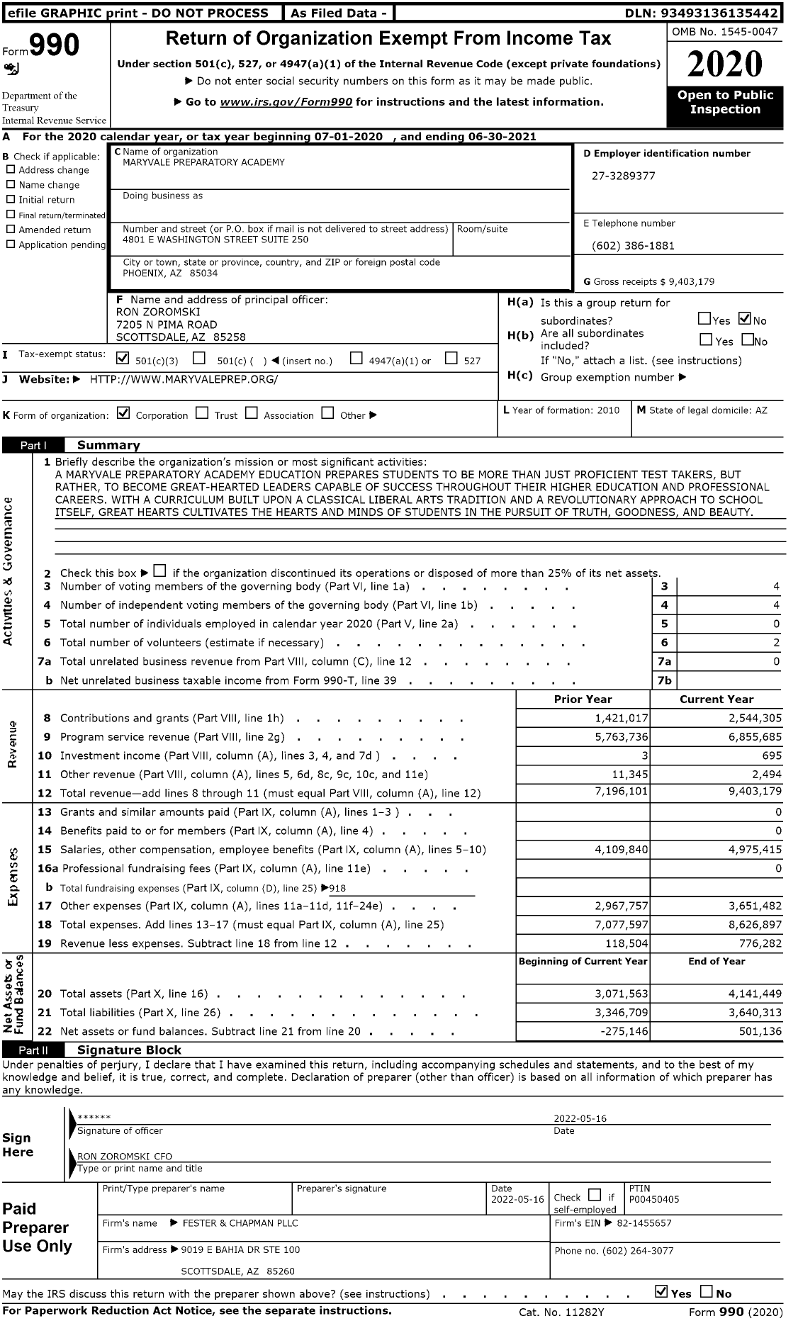 Image of first page of 2020 Form 990 for Maryvale Preparatory Academy