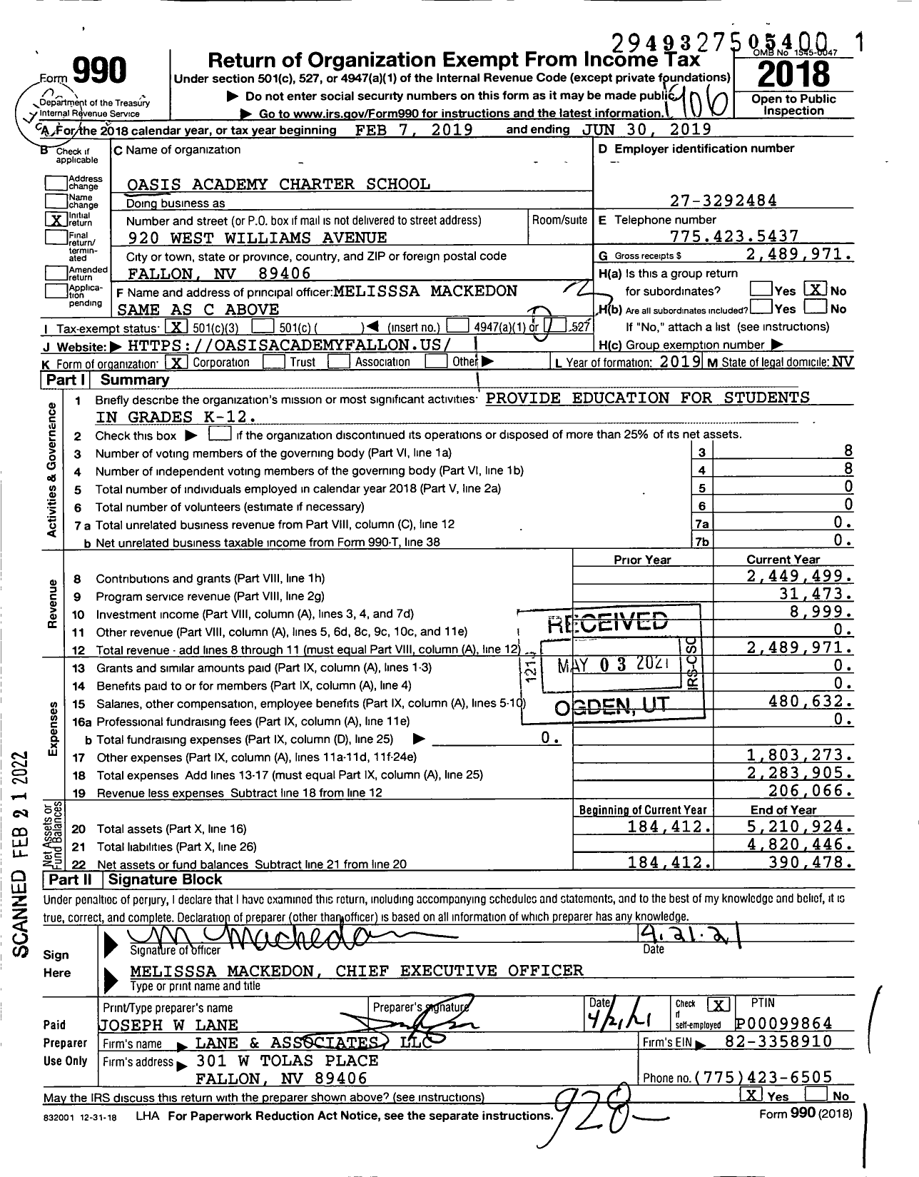 Image of first page of 2018 Form 990 for Oasis Academy Charter School