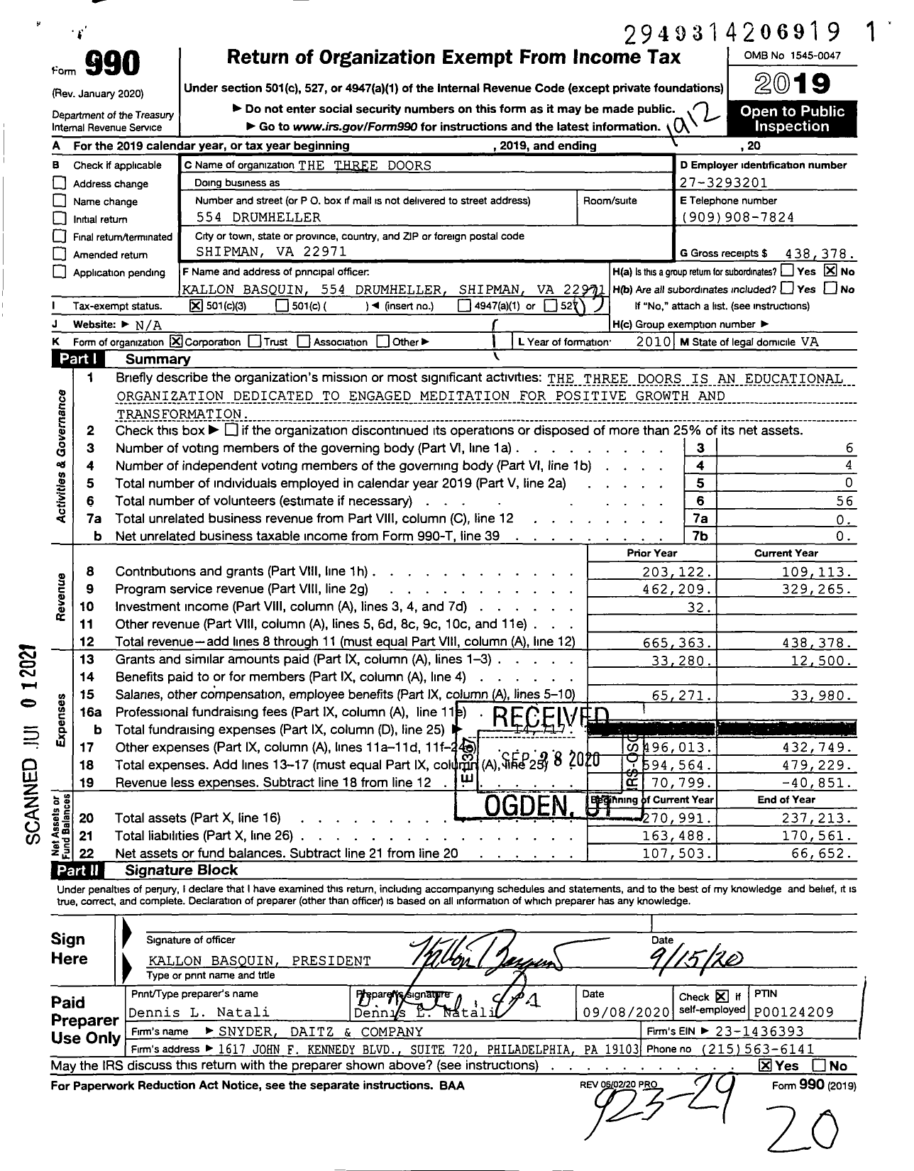 Image of first page of 2019 Form 990 for The Three Doors