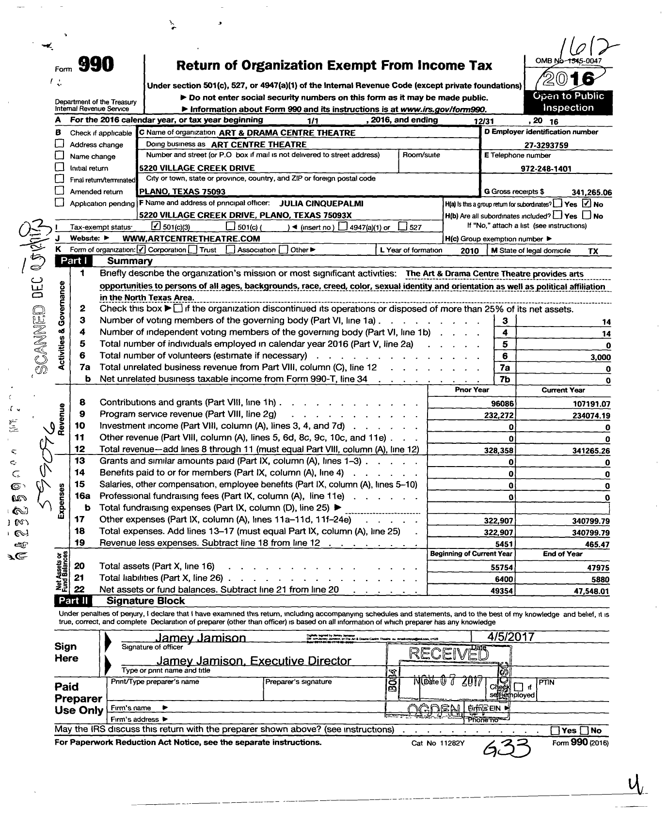 Image of first page of 2016 Form 990 for ACT Art Centre Theatre Art Centre Theatre of Plano