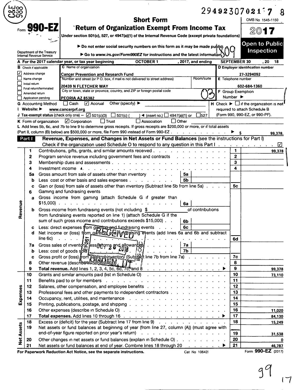 Image of first page of 2017 Form 990EZ for Cancer Prevention and Research Fund