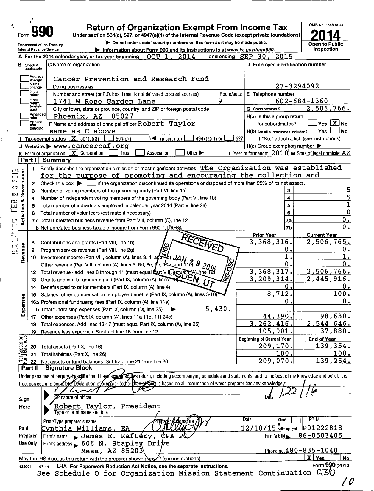 Image of first page of 2014 Form 990 for Cancer Prevention and Research Fund