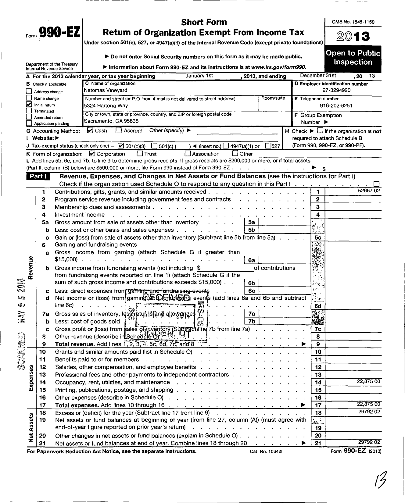 Image of first page of 2013 Form 990EZ for Natomas Vineyard