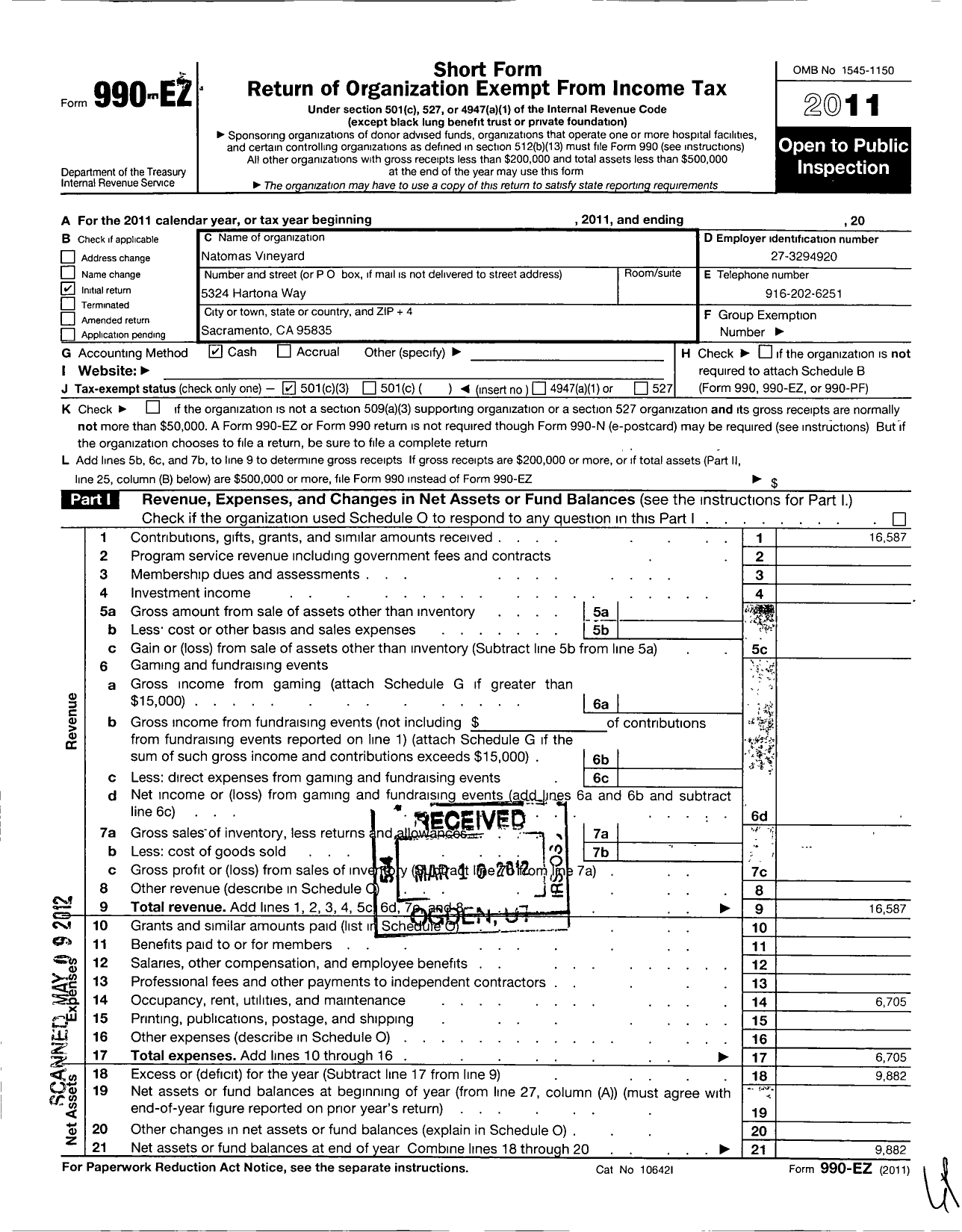 Image of first page of 2011 Form 990EZ for Natomas Vineyard