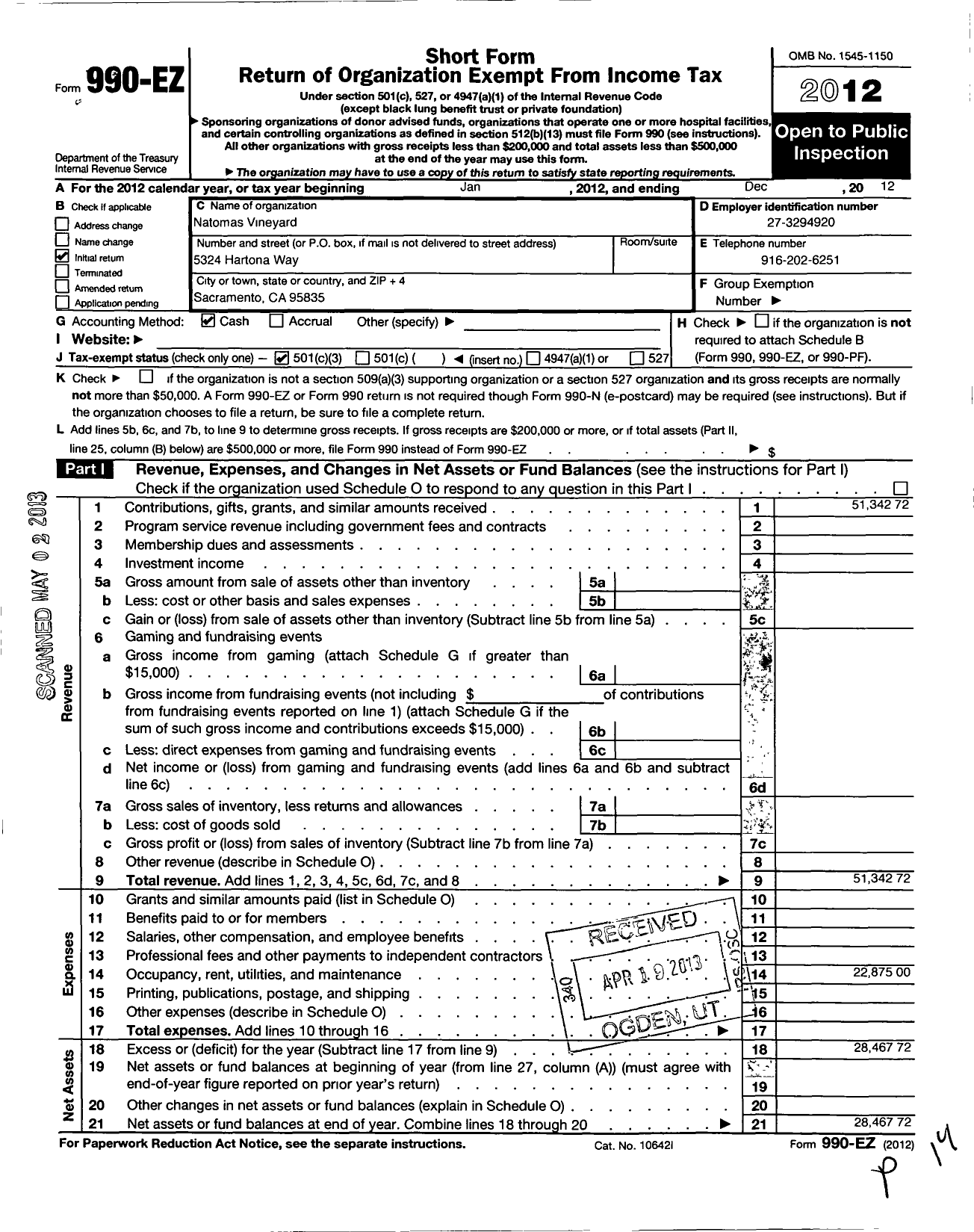 Image of first page of 2012 Form 990EZ for Natomas Vineyard