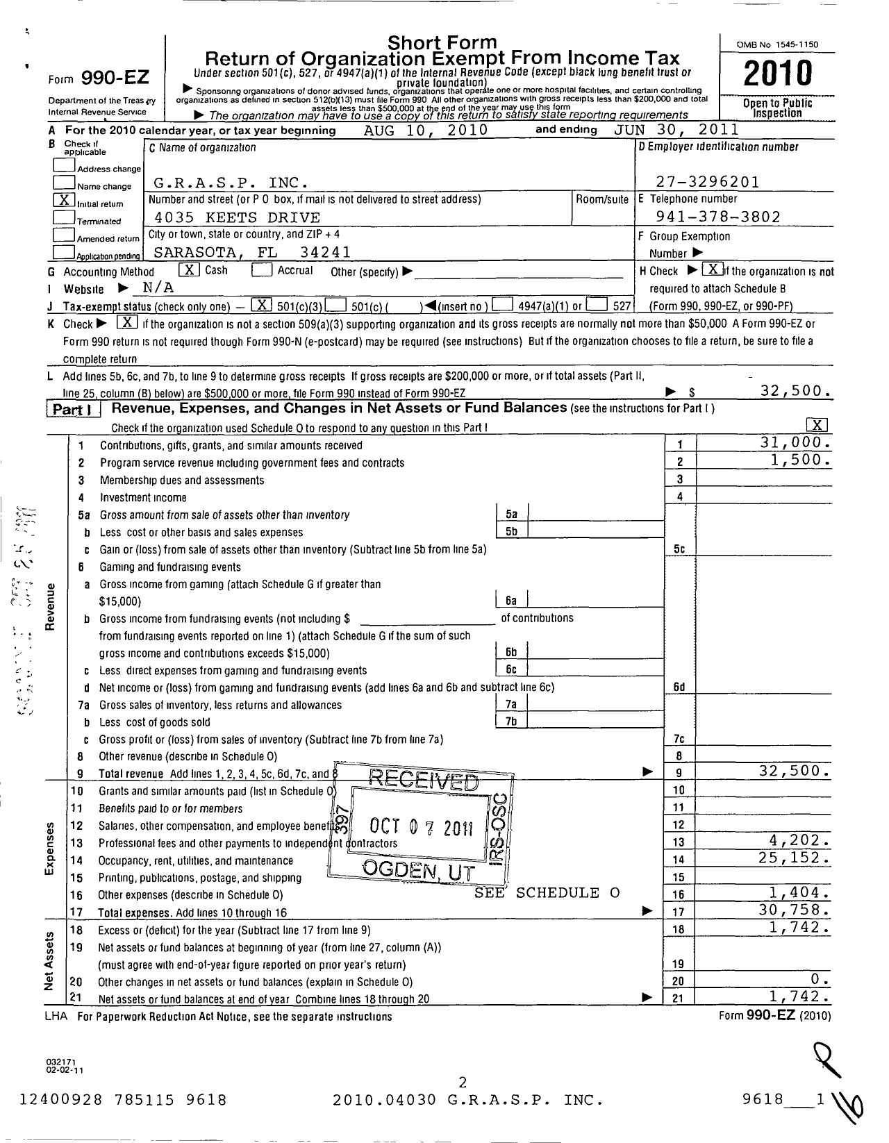 Image of first page of 2010 Form 990EZ for Grasp