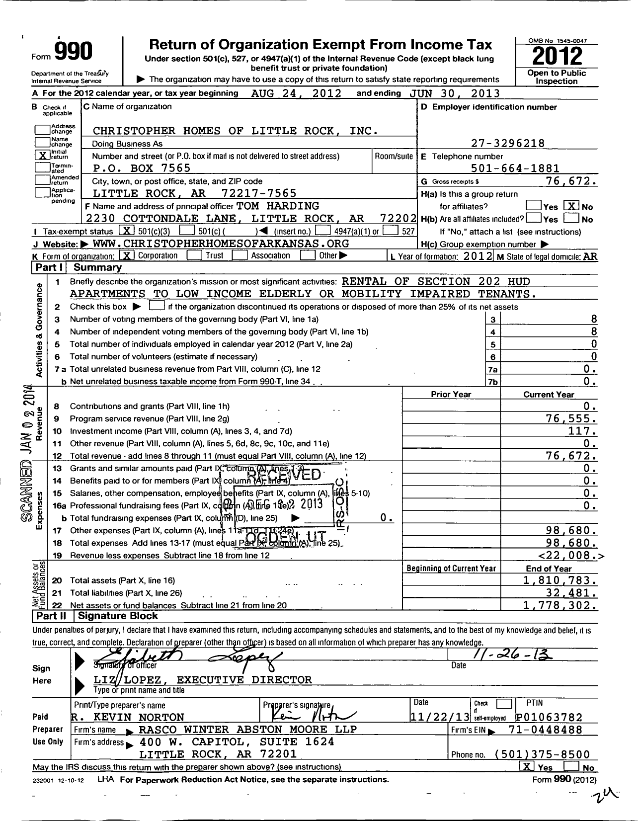 Image of first page of 2012 Form 990 for Christopher Homes of Little Rock