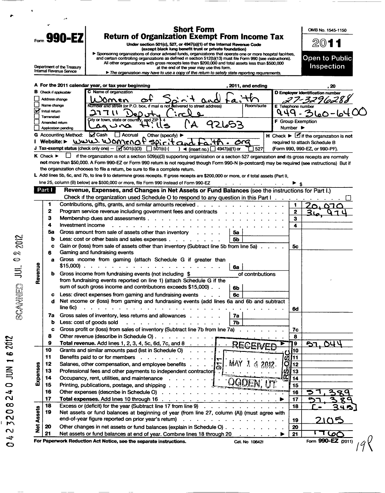 Image of first page of 2011 Form 990EZ for Women of Spirit and Faith