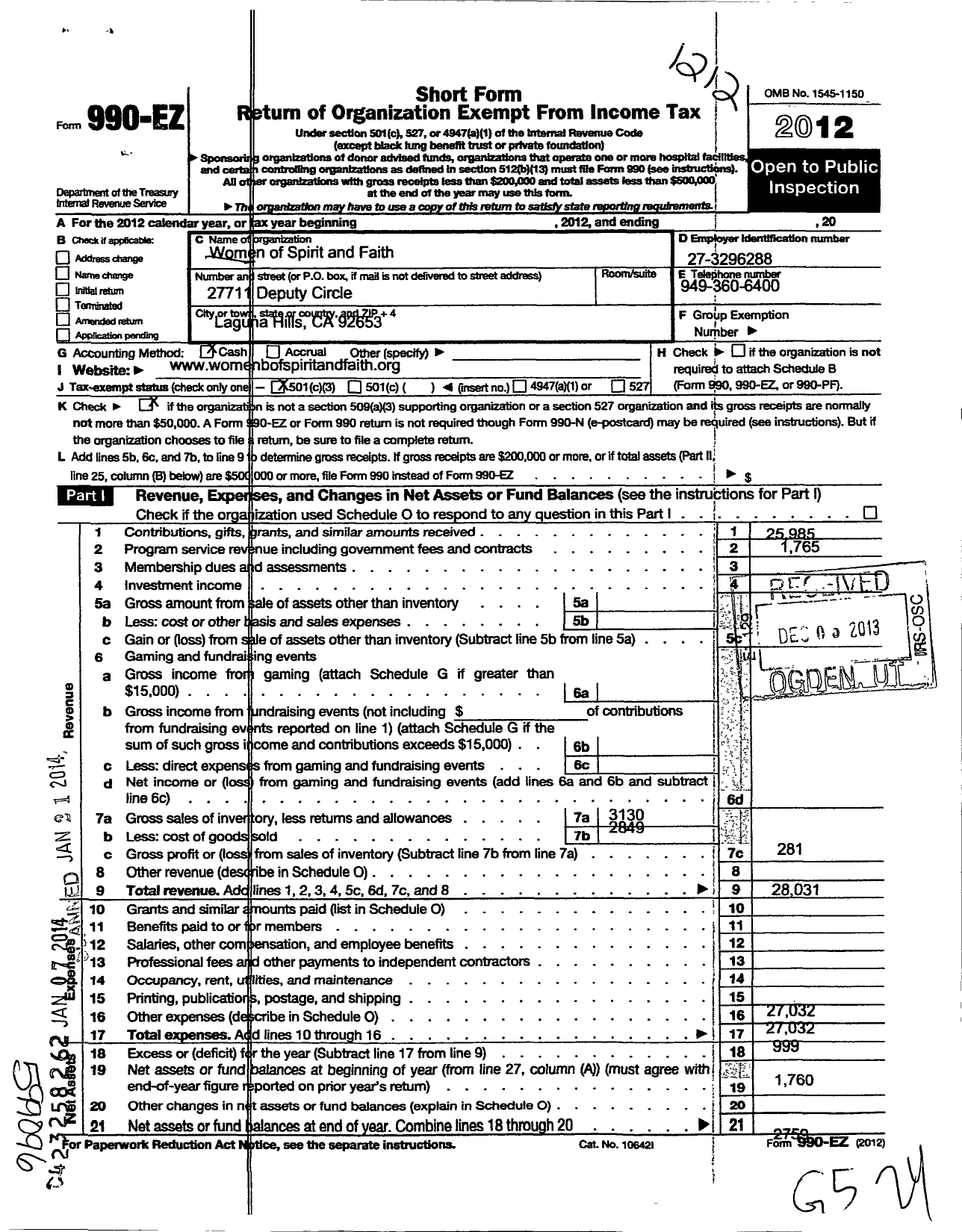 Image of first page of 2012 Form 990EZ for Women of Spirit and Faith