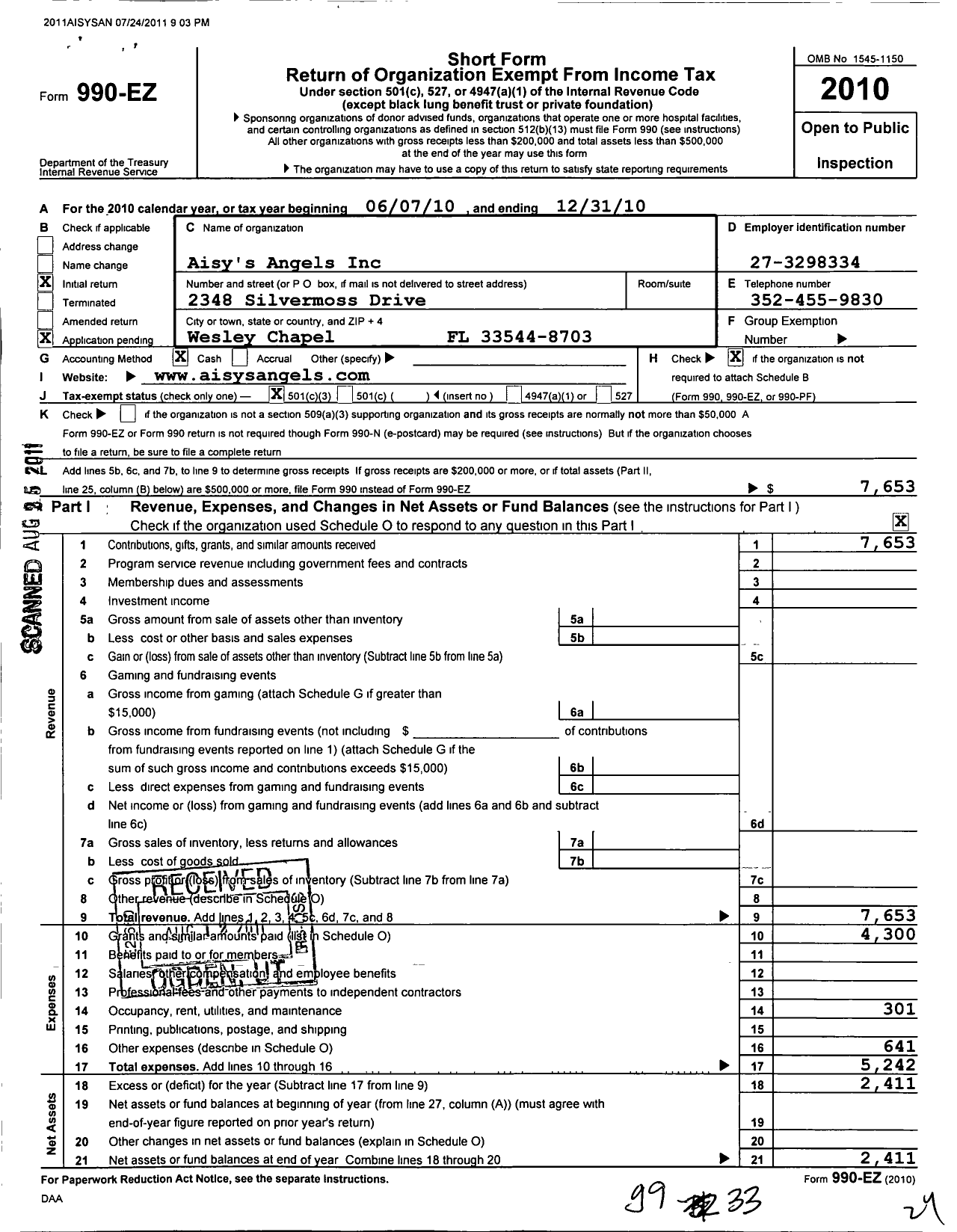 Image of first page of 2010 Form 990EZ for Aisys Angels