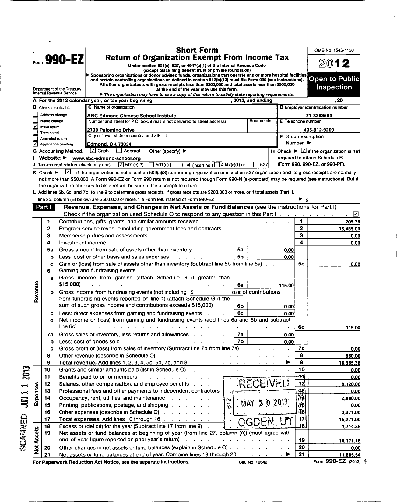 Image of first page of 2012 Form 990EZ for Abc Edmond Chinese School Institute
