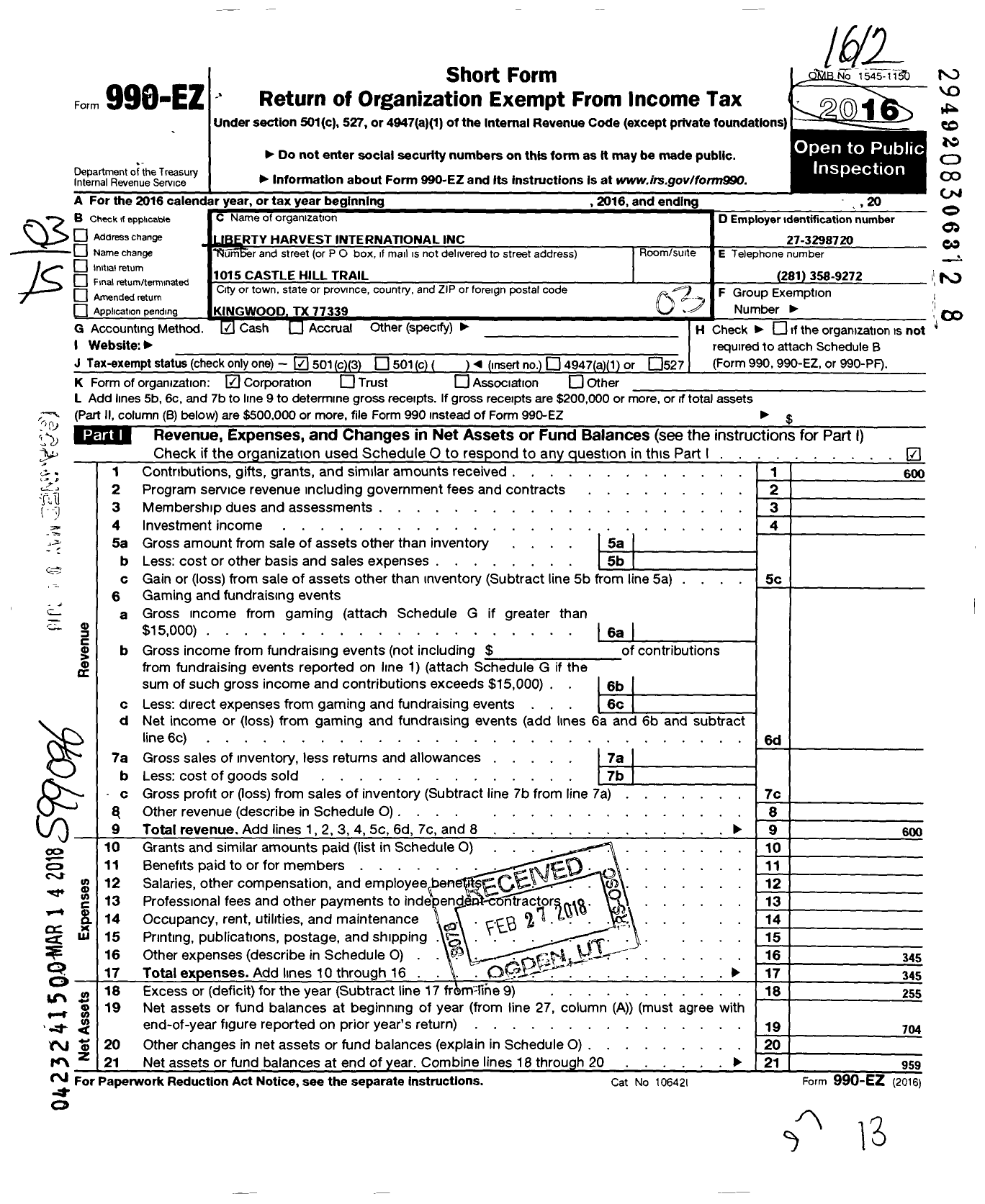 Image of first page of 2016 Form 990EZ for Liberty Harvest International