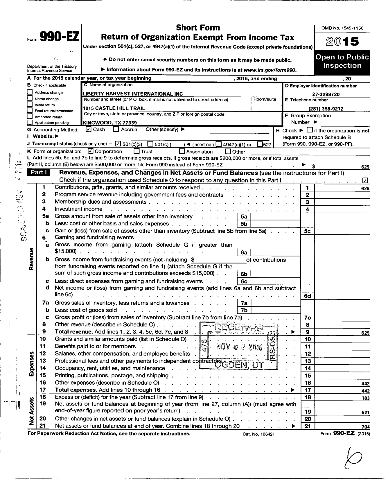 Image of first page of 2015 Form 990EZ for Liberty Harvest International