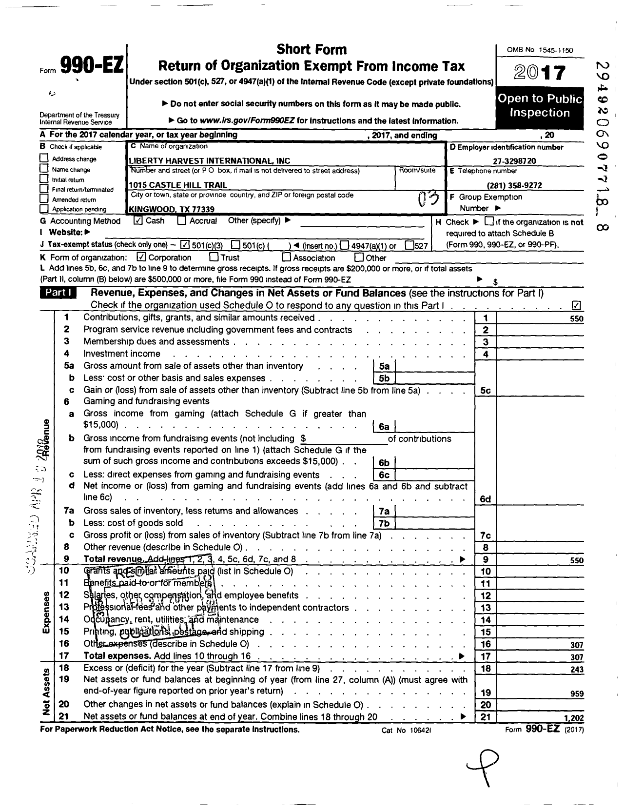 Image of first page of 2017 Form 990EZ for Liberty Harvest International