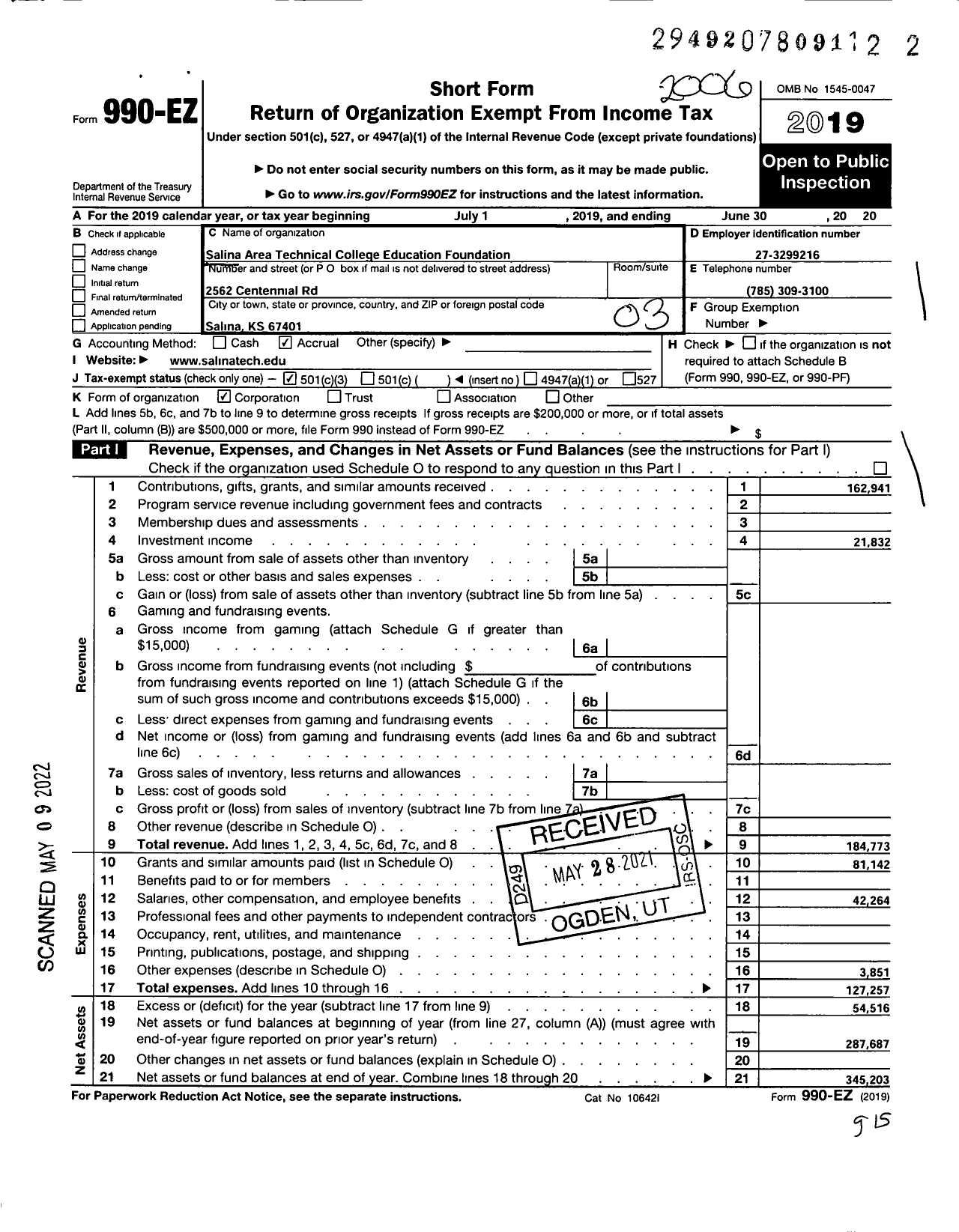 Image of first page of 2019 Form 990EZ for Salina Area Technical College Foundation