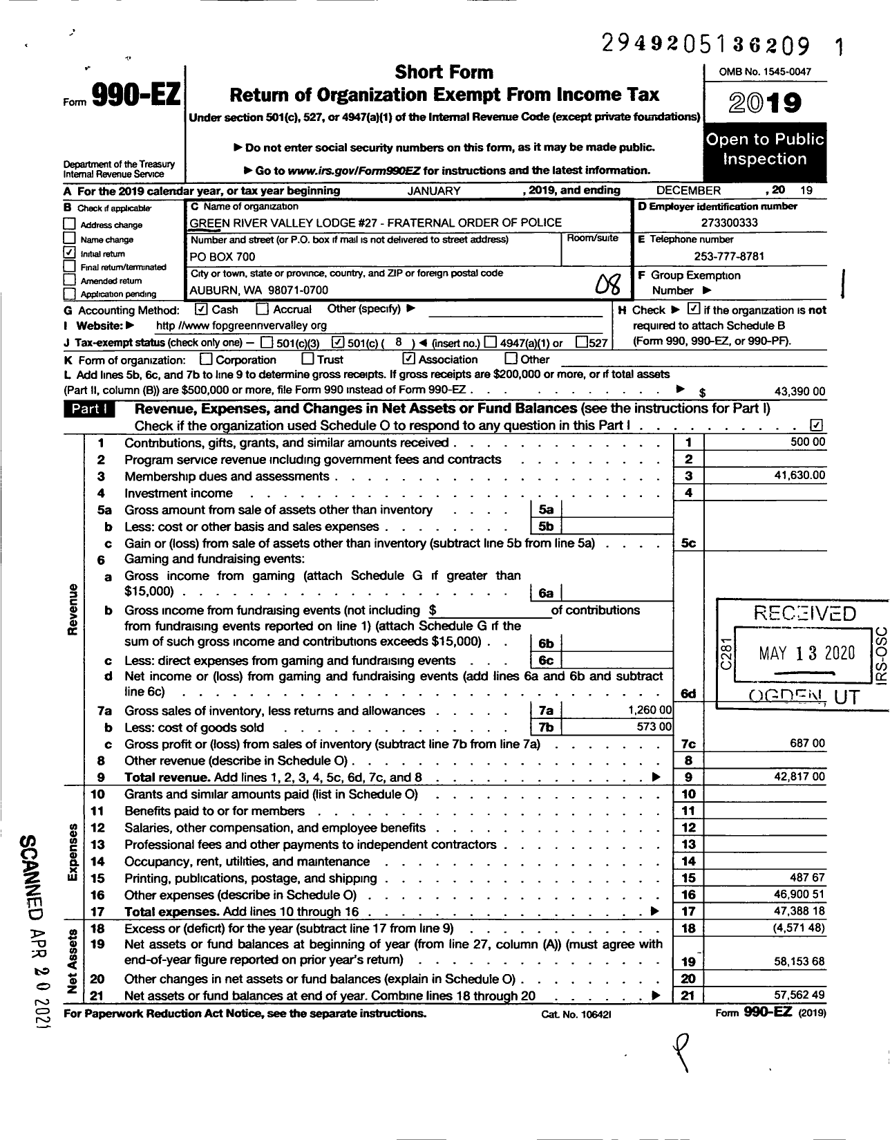 Image of first page of 2019 Form 990EO for Green River Valley Lodge 27 Fraternal Order of Police