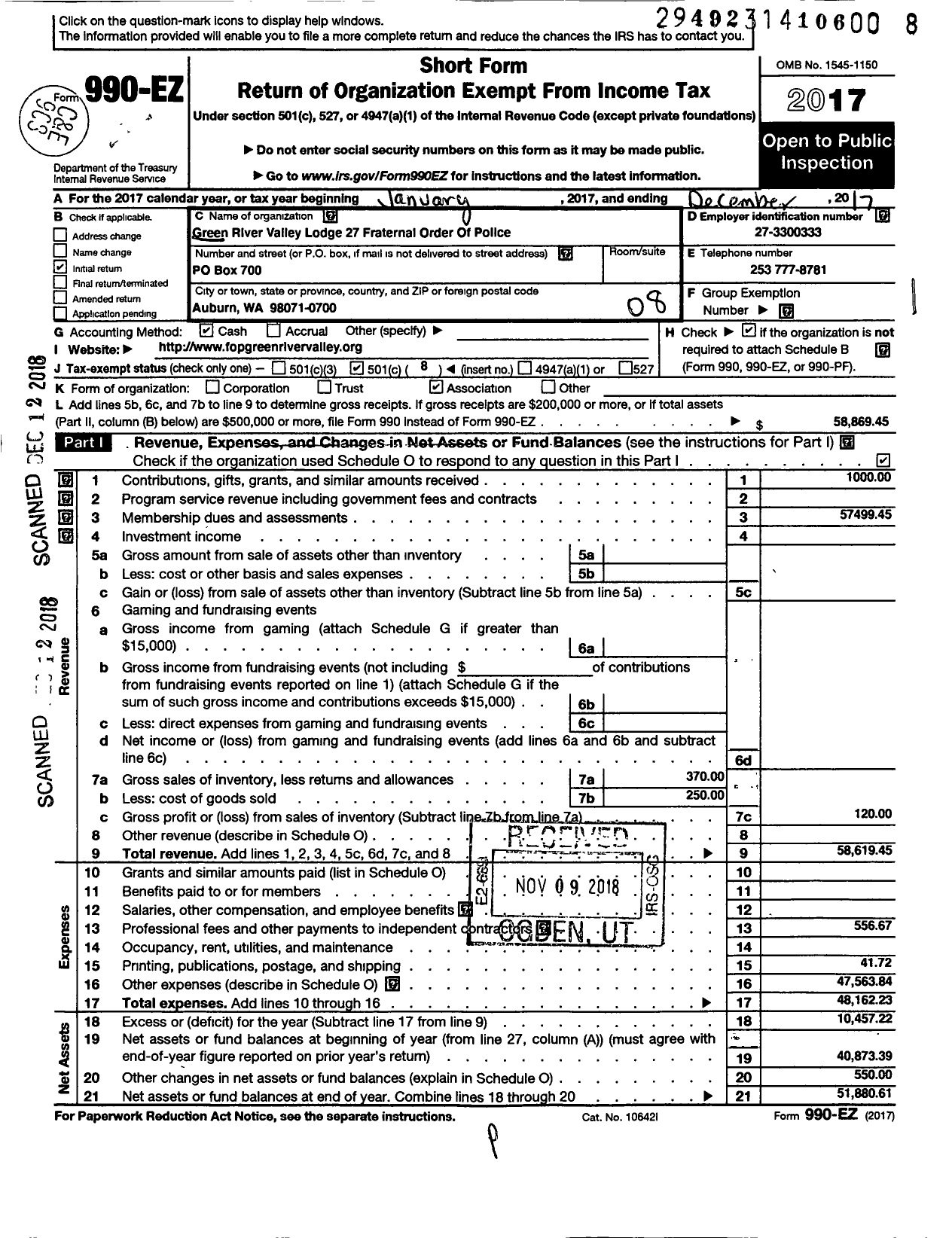 Image of first page of 2017 Form 990EO for Green River Valley Lodge 27 Fraternal Order of Police