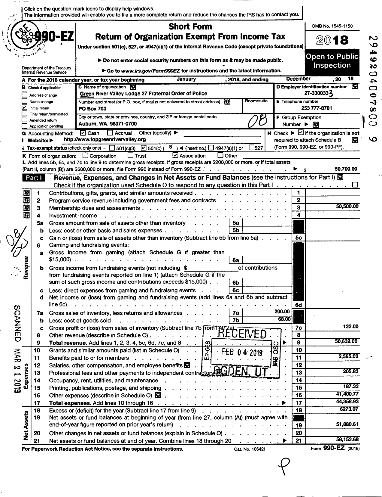 Image of first page of 2018 Form 990EO for Green River Valley Lodge 27 Fraternal Order of Police