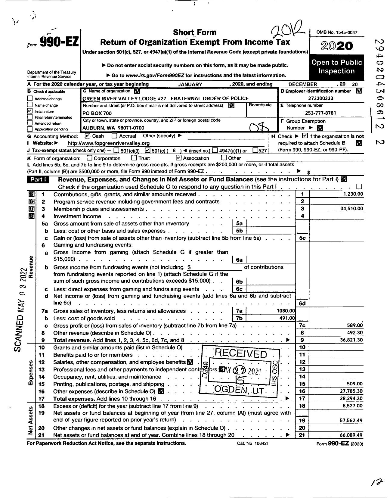 Image of first page of 2020 Form 990EO for Green River Valley Lodge 27 Fraternal Order of Police