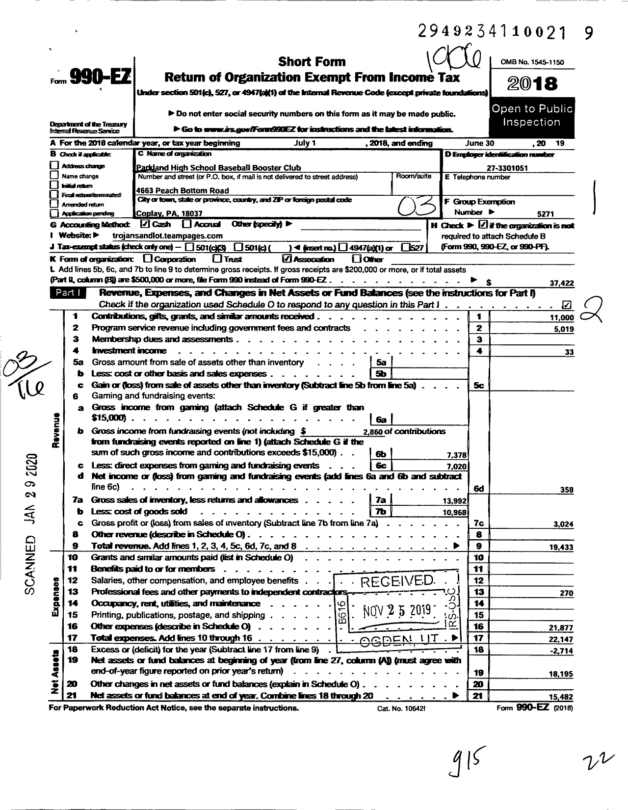 Image of first page of 2018 Form 990EZ for Parent Booster USA / Parkland High School Baseball Boost