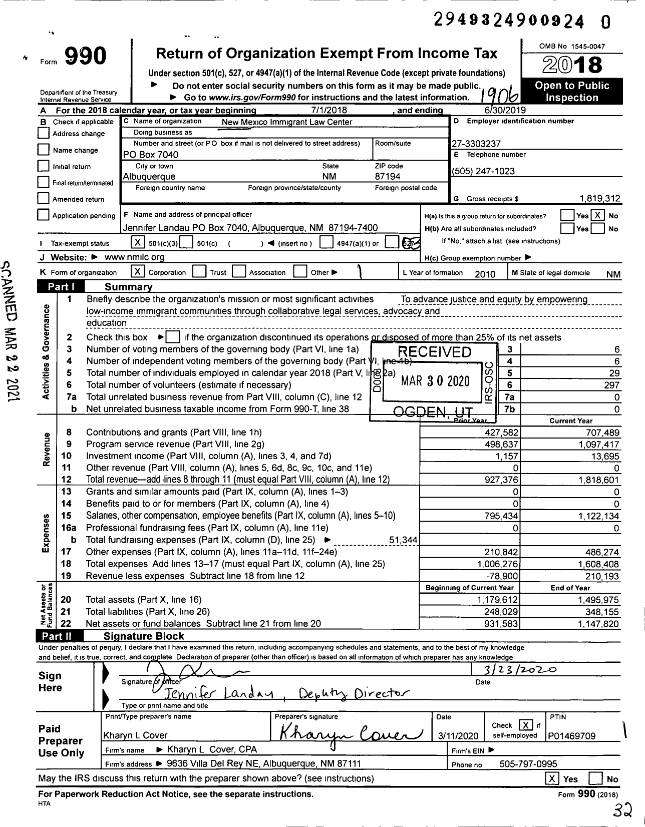 Image of first page of 2018 Form 990 for New Mexico Immigrant Law Center