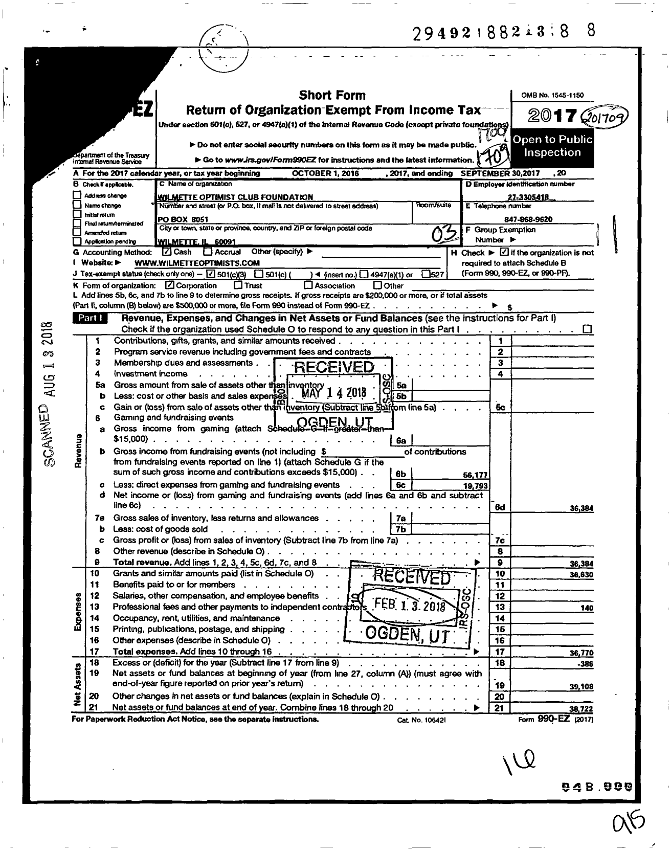 Image of first page of 2016 Form 990EZ for Wilmette Optimist Club Foundation