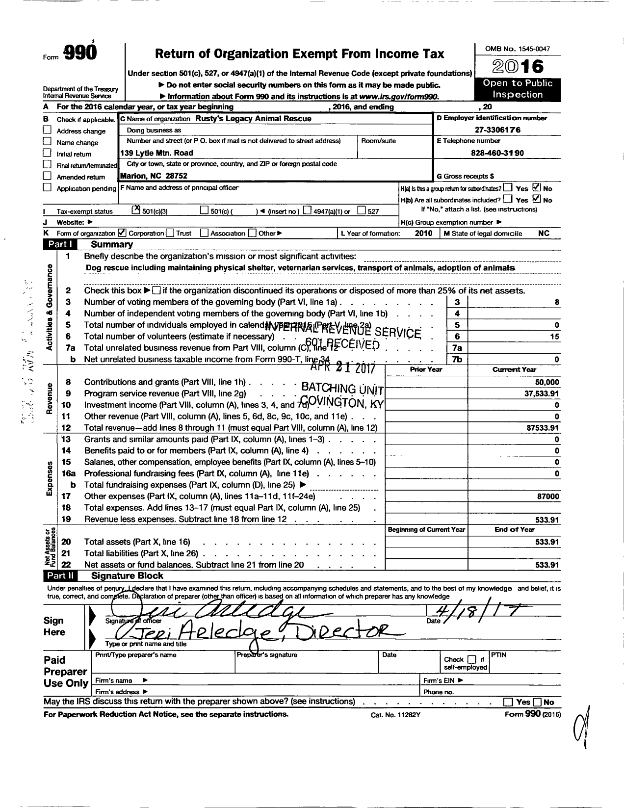 Image of first page of 2016 Form 990 for Rustys Legacy Animal Rescue