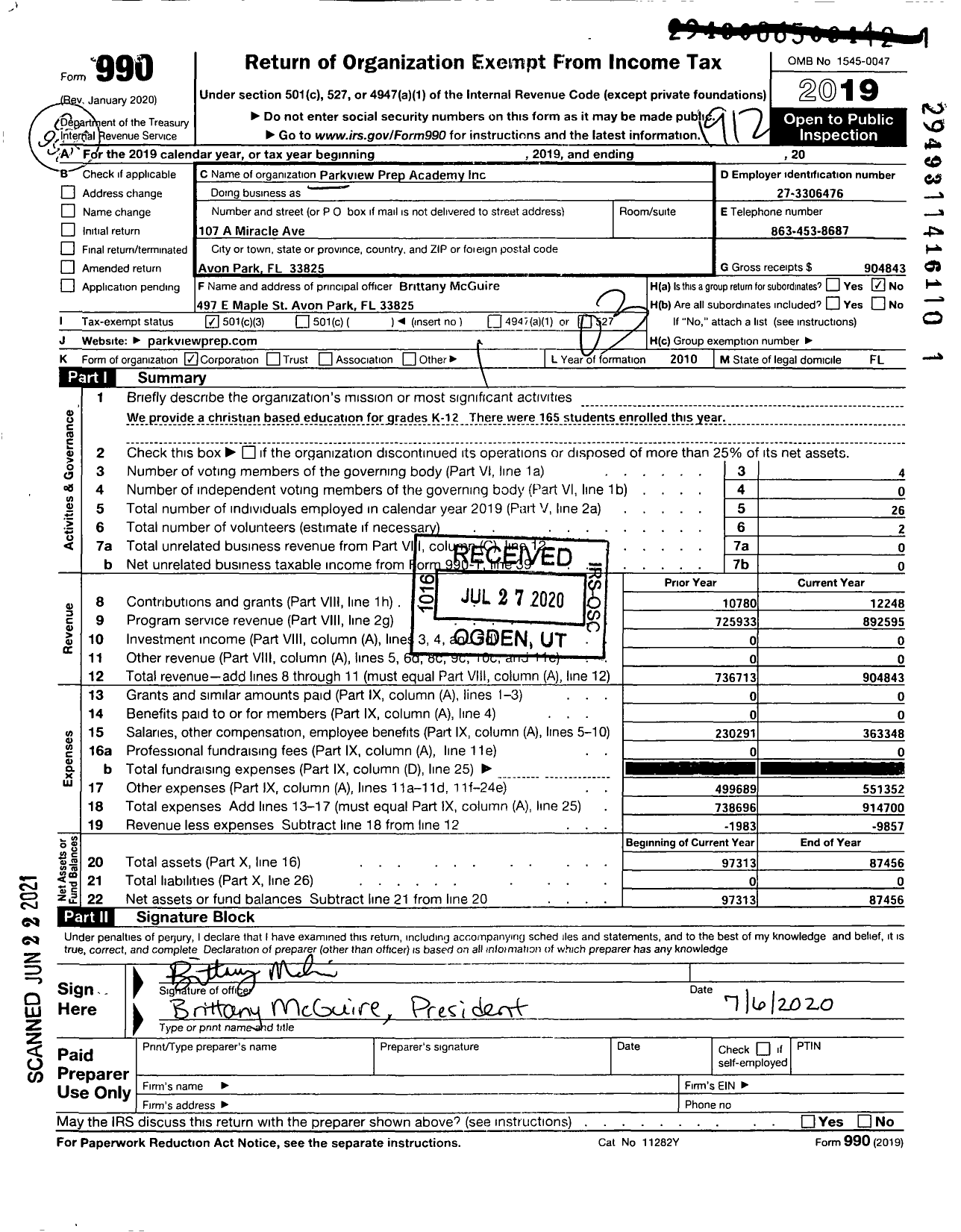 Image of first page of 2019 Form 990 for Parkview Prep Academy