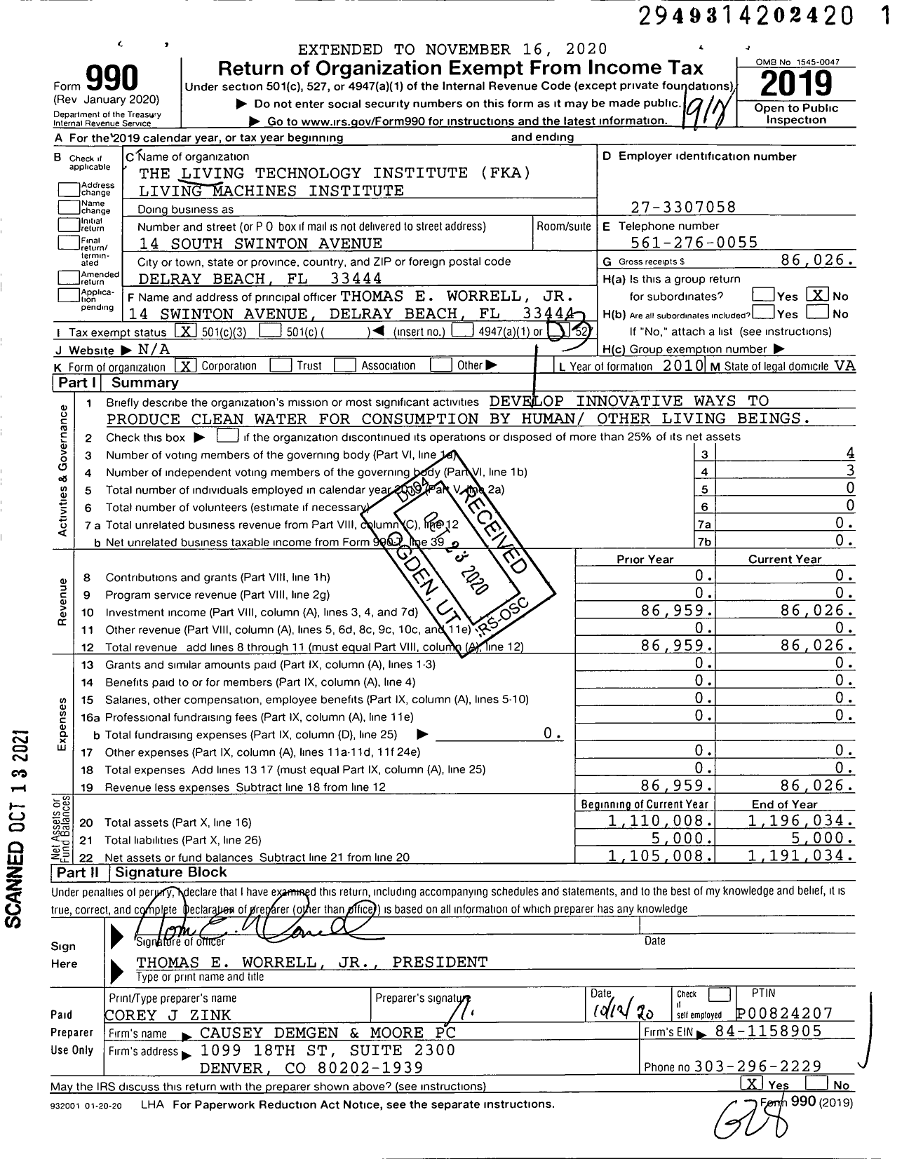 Image of first page of 2019 Form 990 for The Living Technology Institute