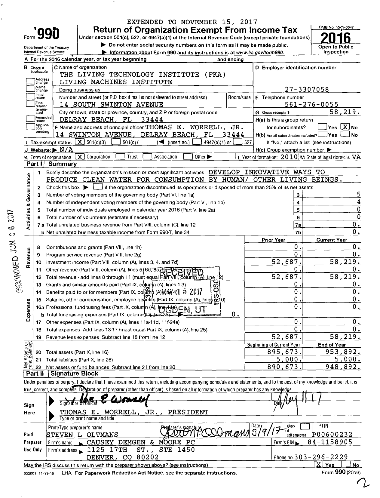 Image of first page of 2016 Form 990 for The Living Technology Institute