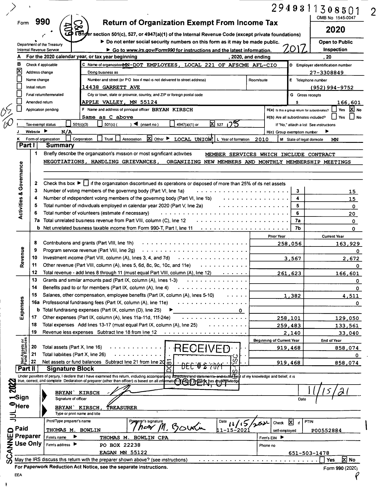 Image of first page of 2020 Form 990O for American Federation of State County & Municipal Employees - L0221MN Dot Minn St Paul Meto