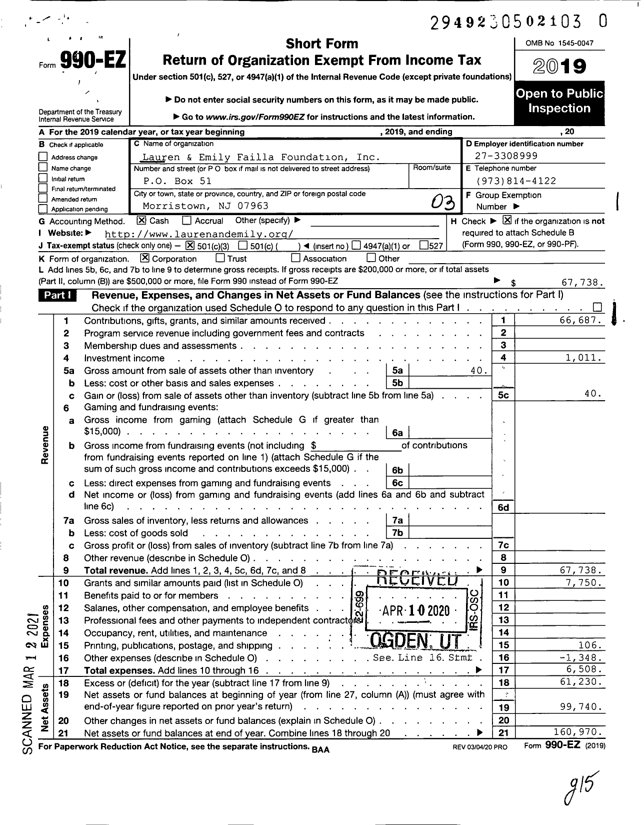 Image of first page of 2019 Form 990EZ for Lauren and Emily Failla Foundation